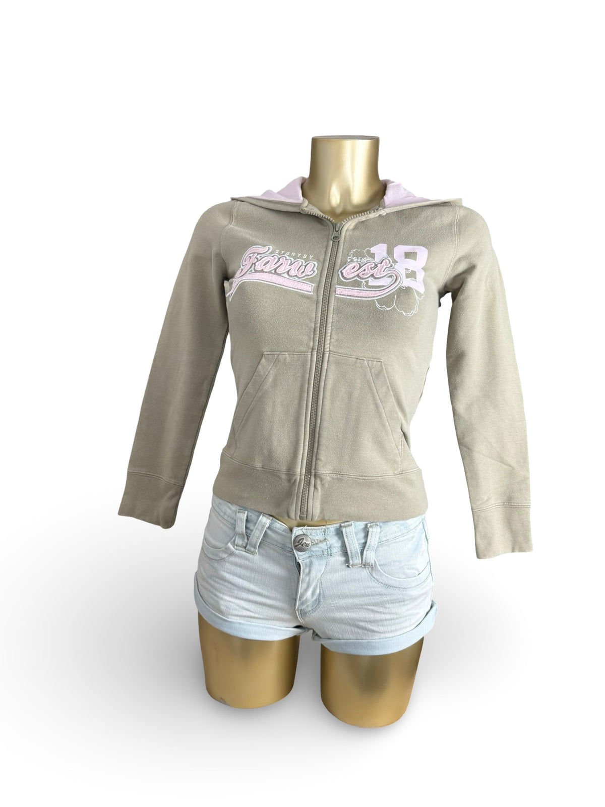 Khaki cotton zip up hoodie (S)