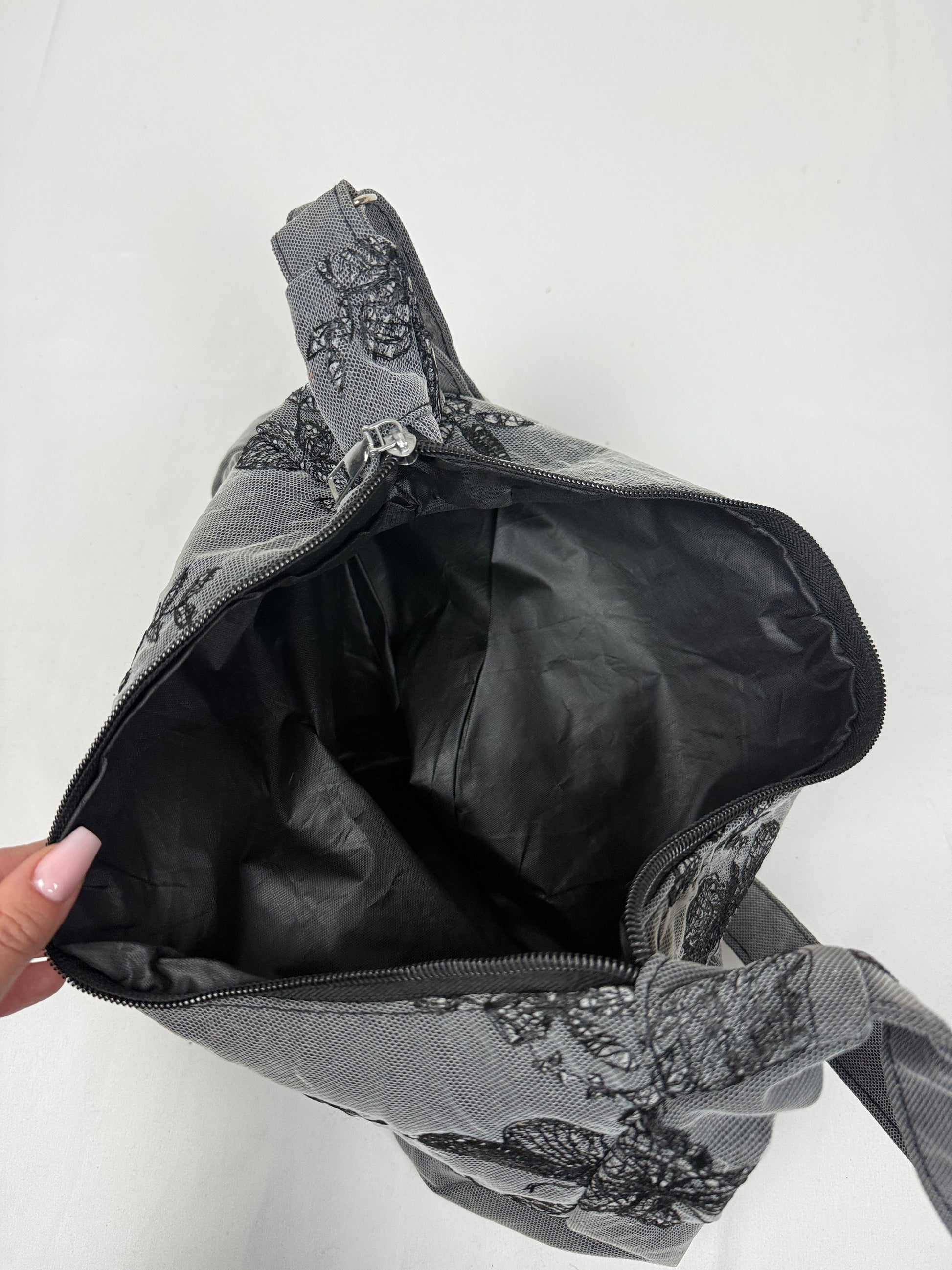 Grey butterflies print besace shoulder bag (38x24cm)