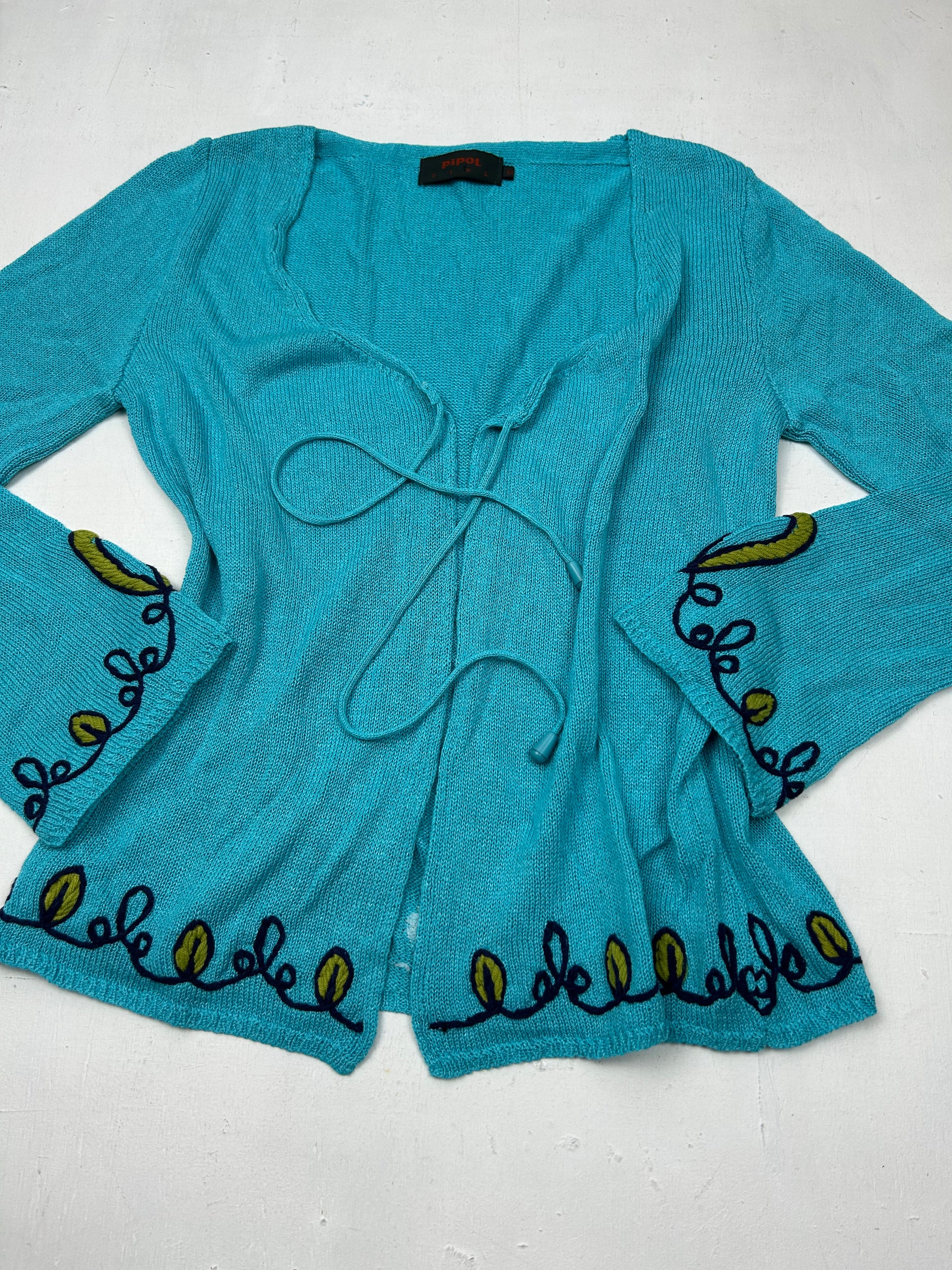 Tie up blue cardigan jumper with embroidered floral print (S/M)