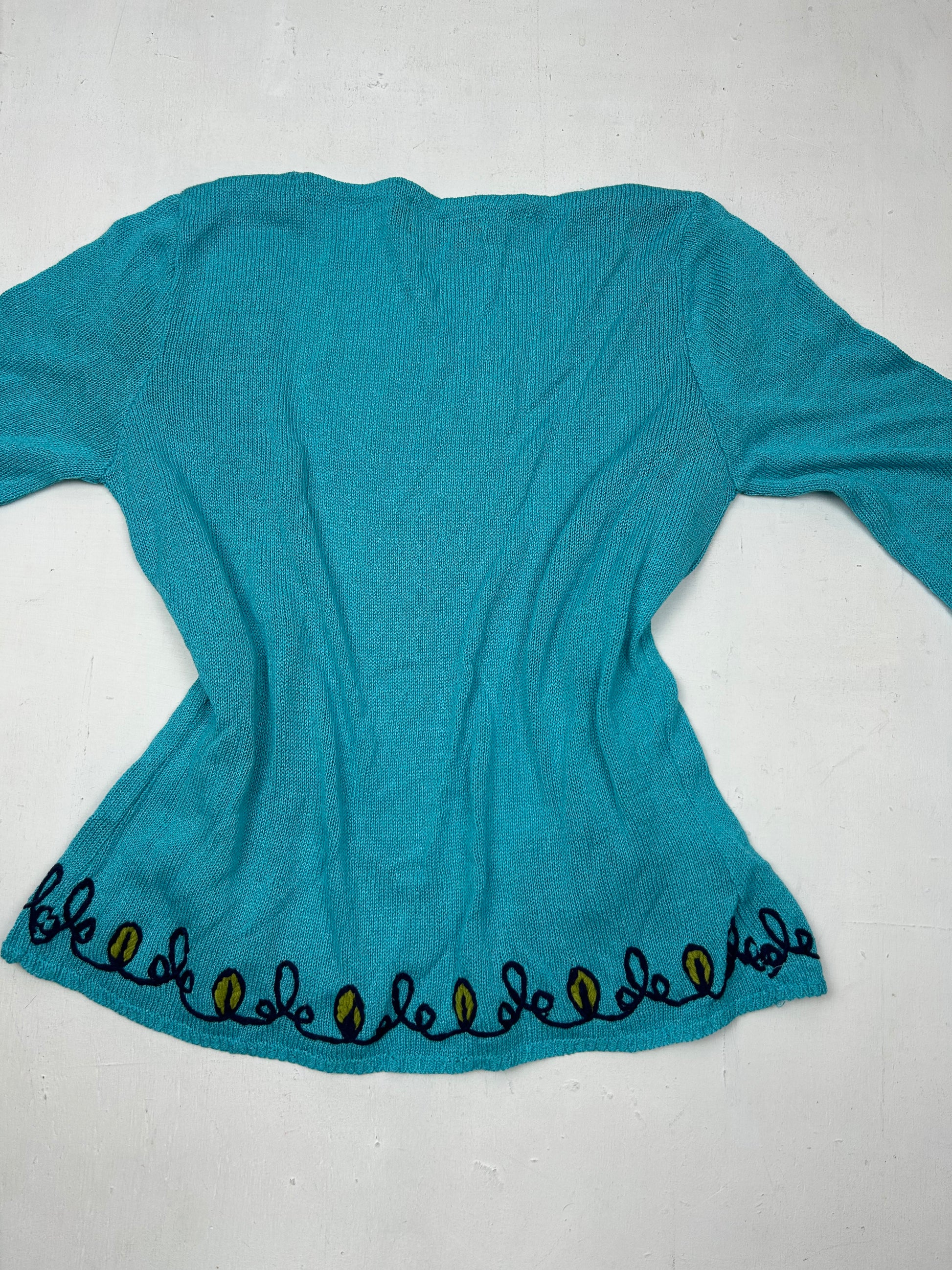 Tie up blue cardigan jumper with embroidered floral print (S/M)