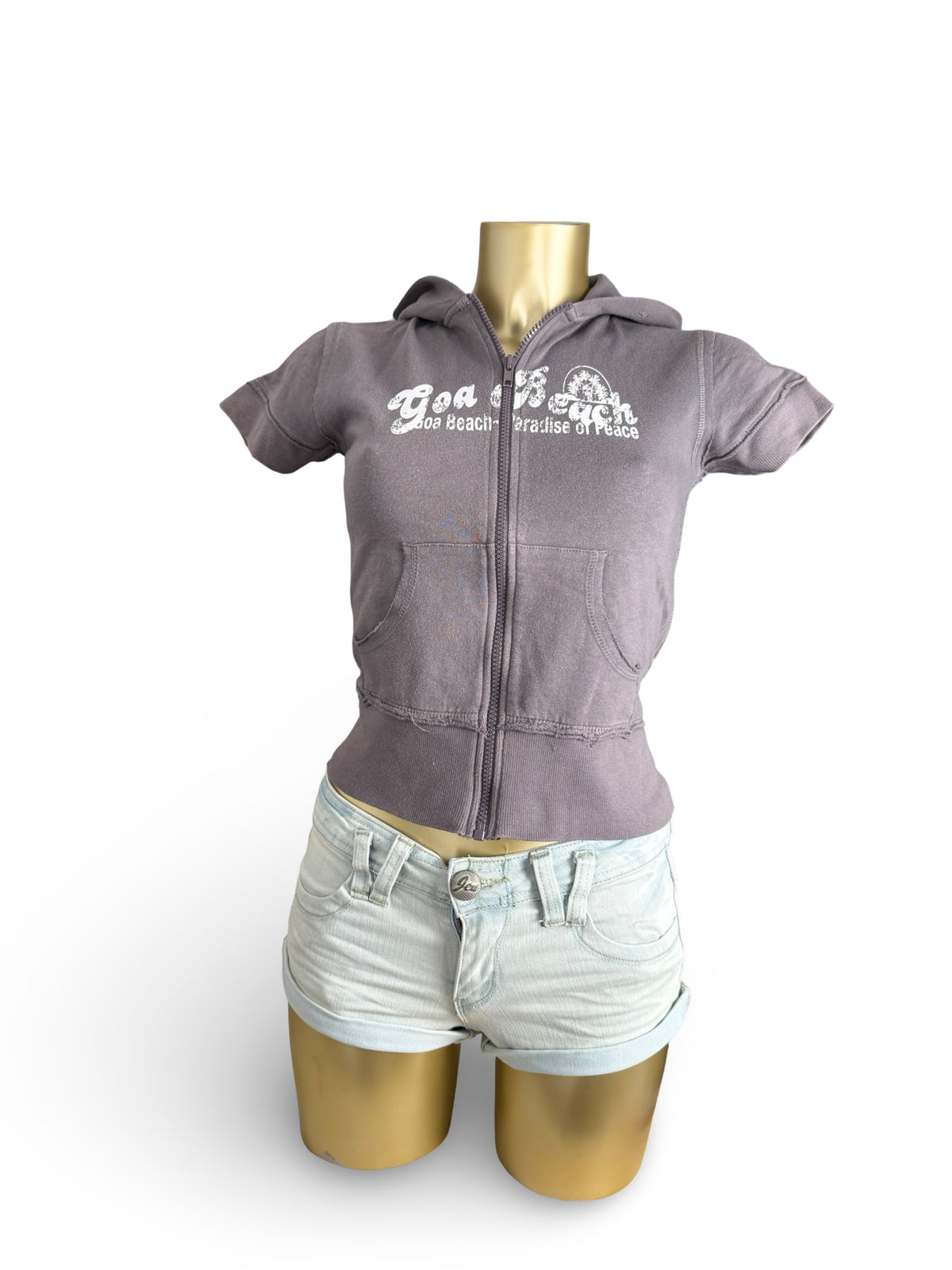 Grey cotton zip up hooded tee (S)