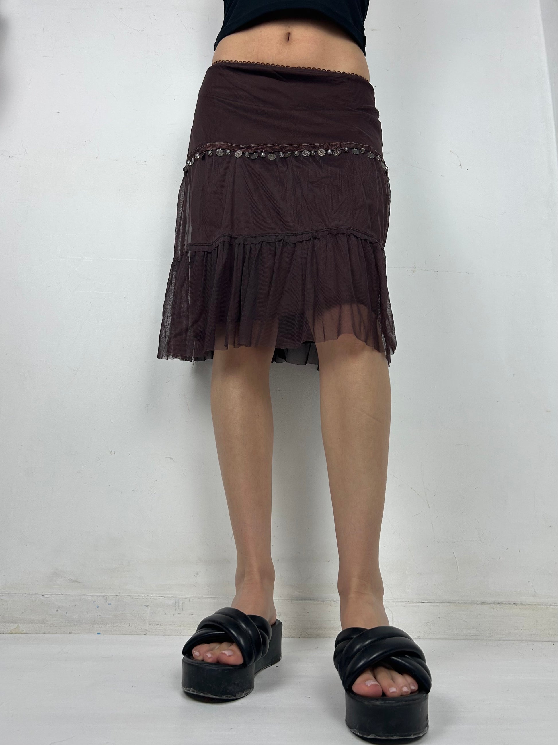 Brown sequins low rise pleated midi skirt (S/M)