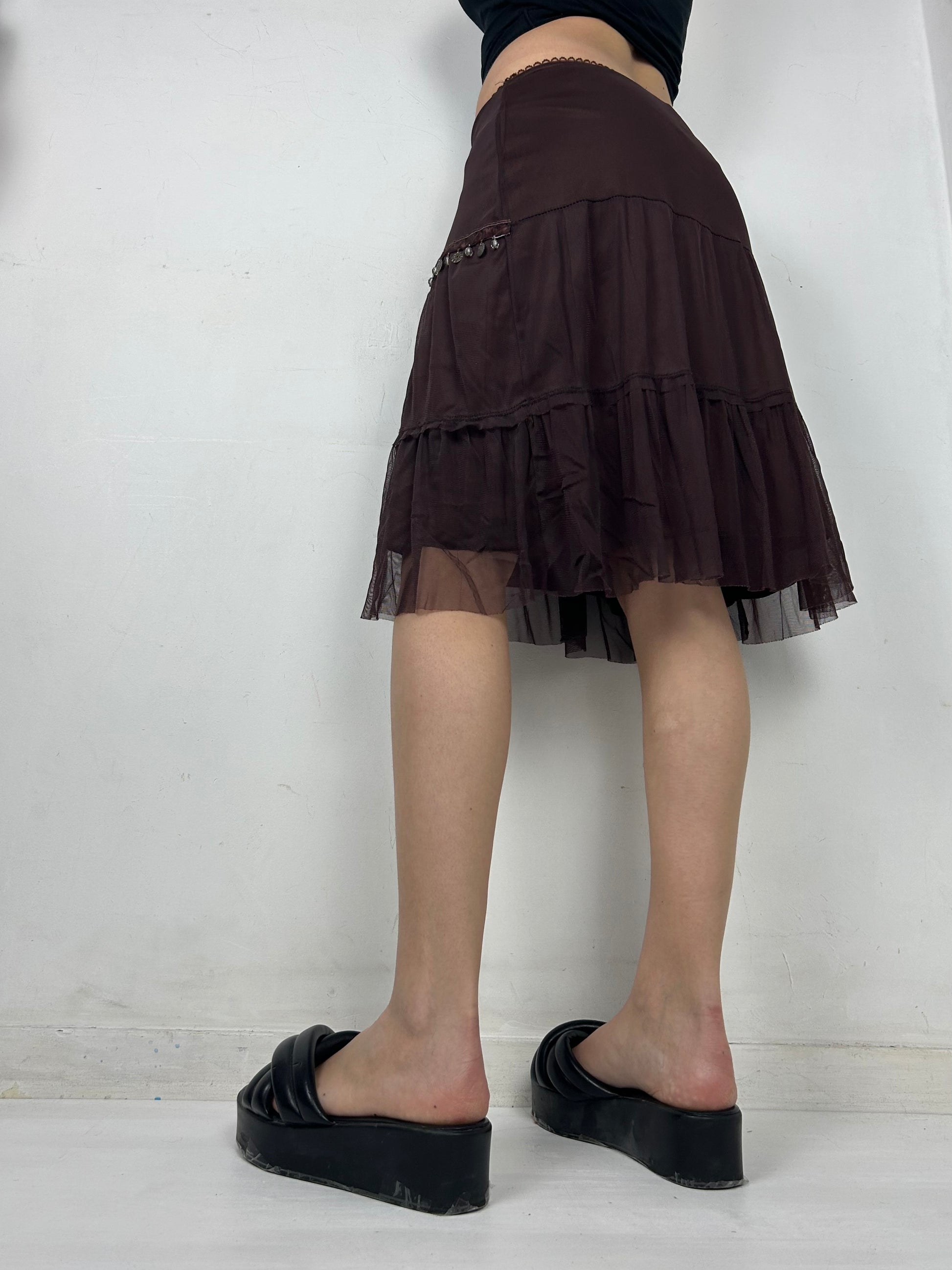 Brown sequins low rise pleated midi skirt (S/M)