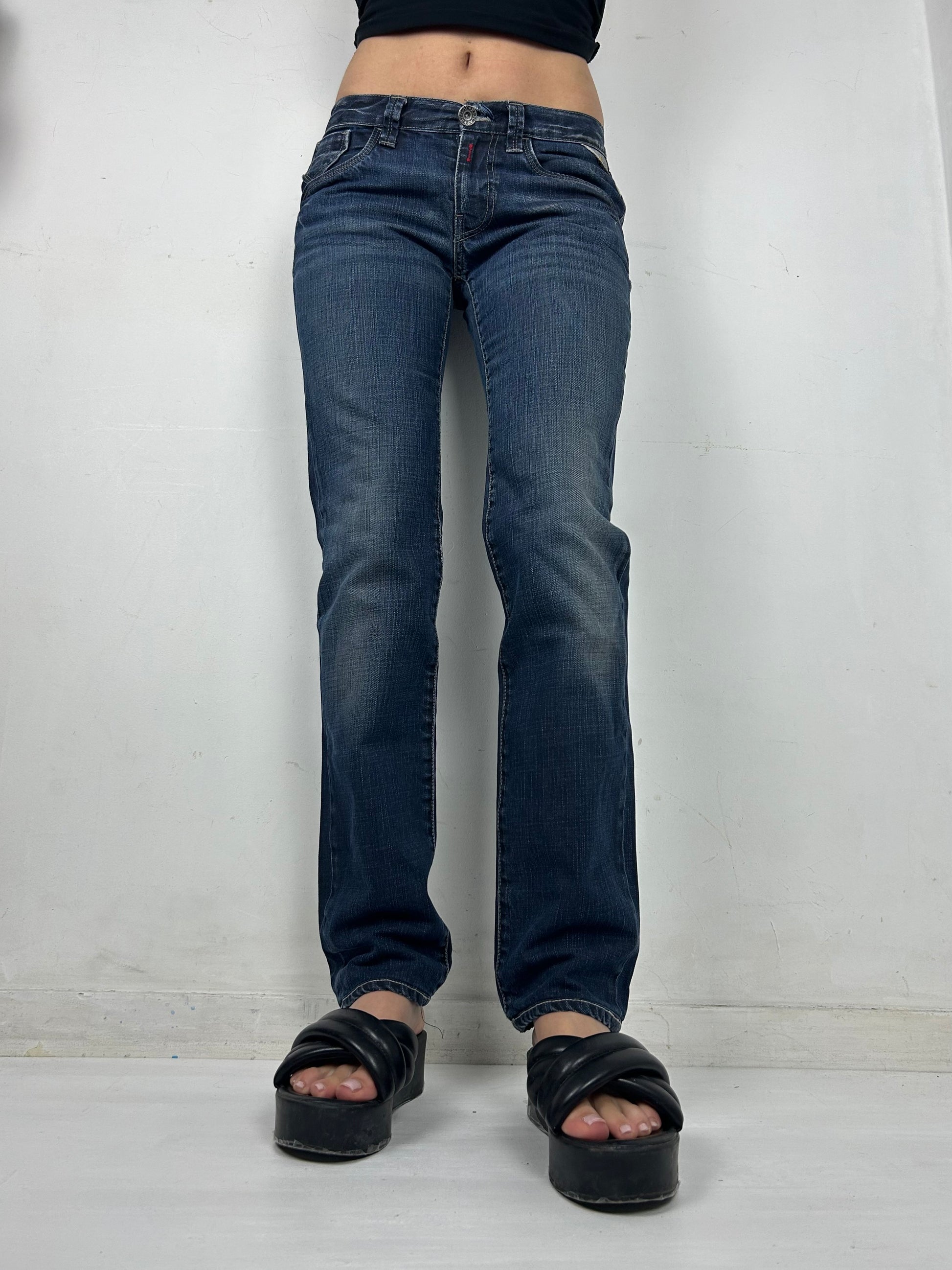 Navy blue  low rise straight legs denim pants (S)