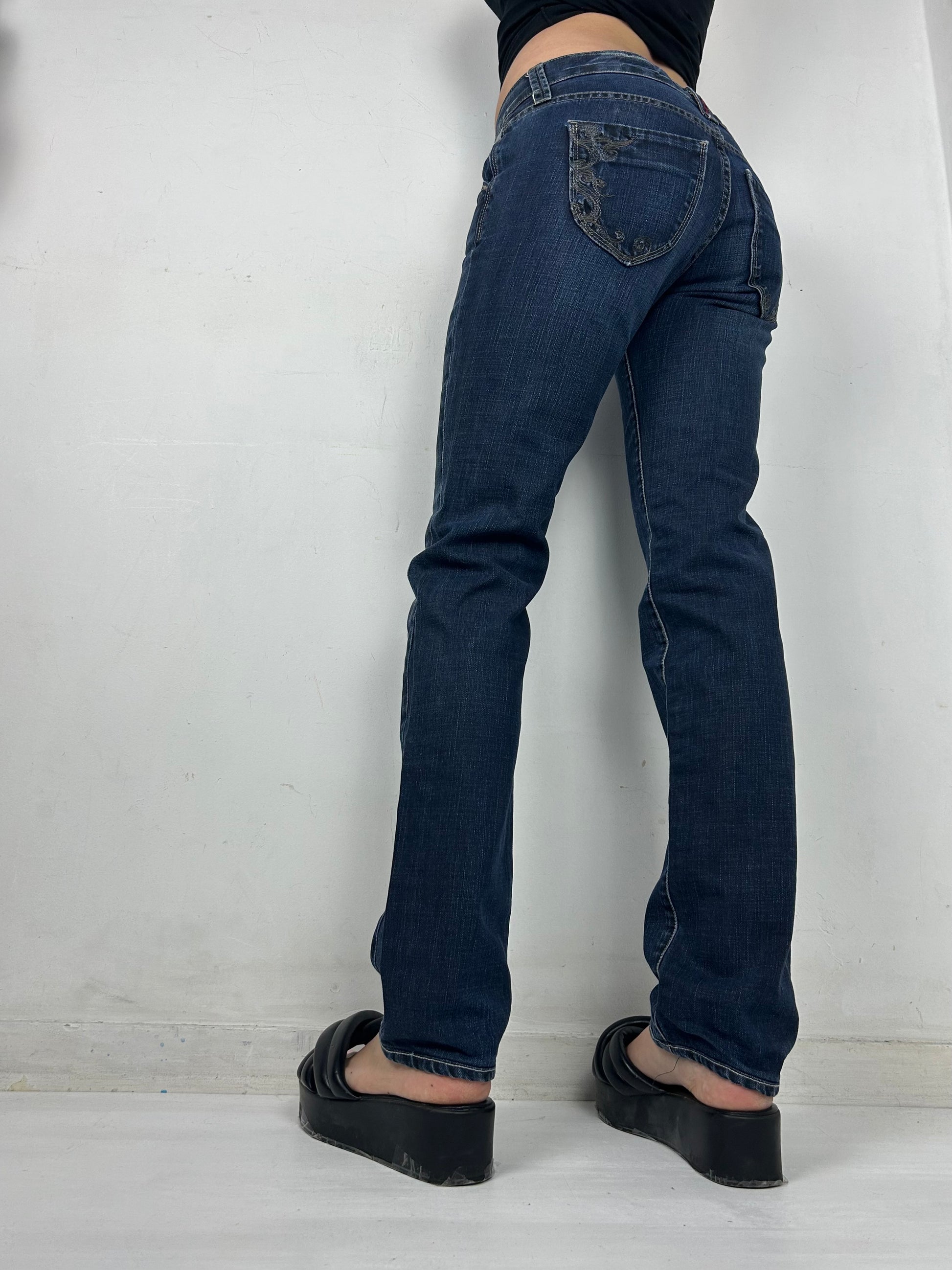 Navy blue  low rise straight legs denim pants (S)