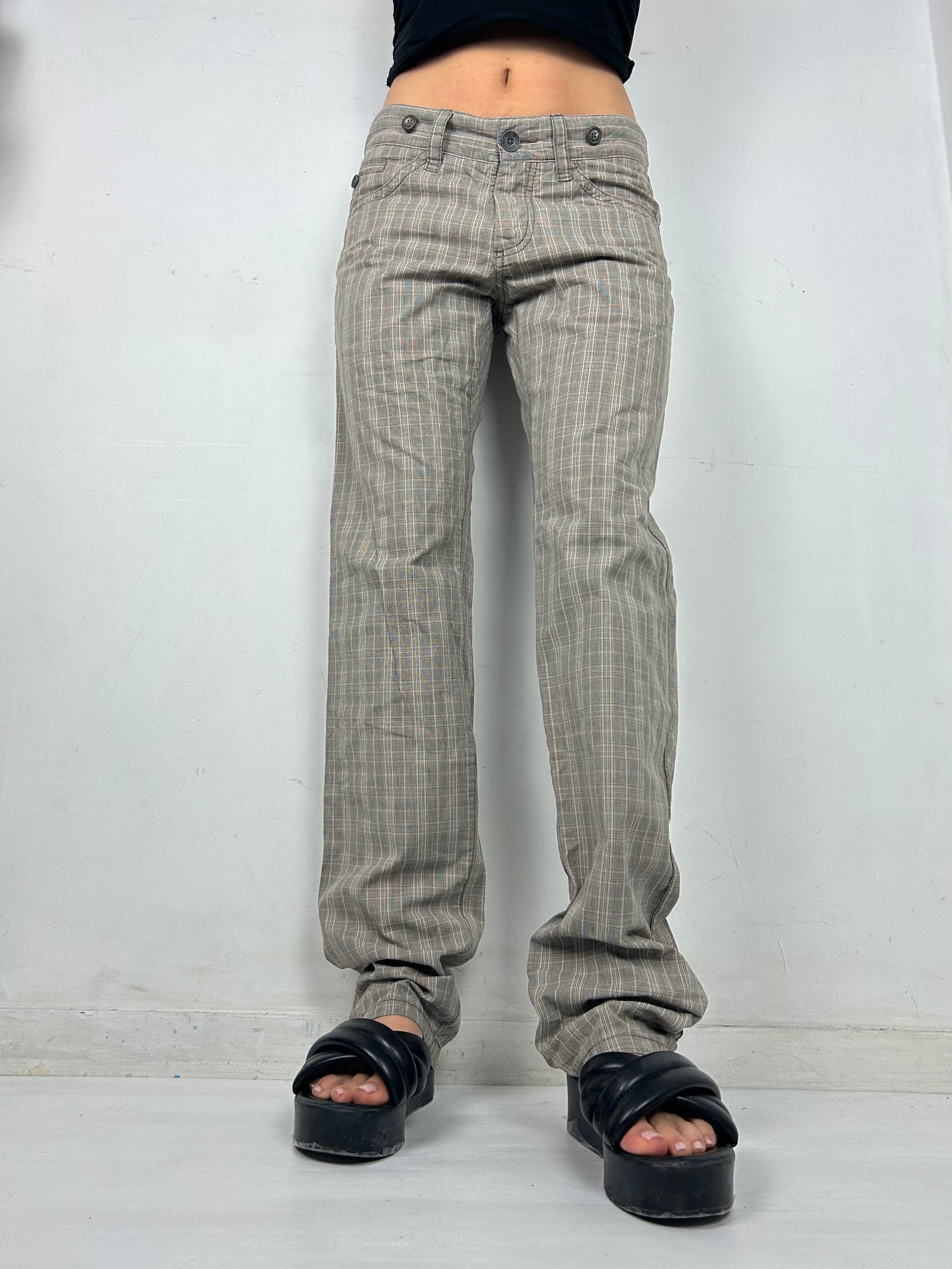 Brown check print low rise baggy pants (S/M)