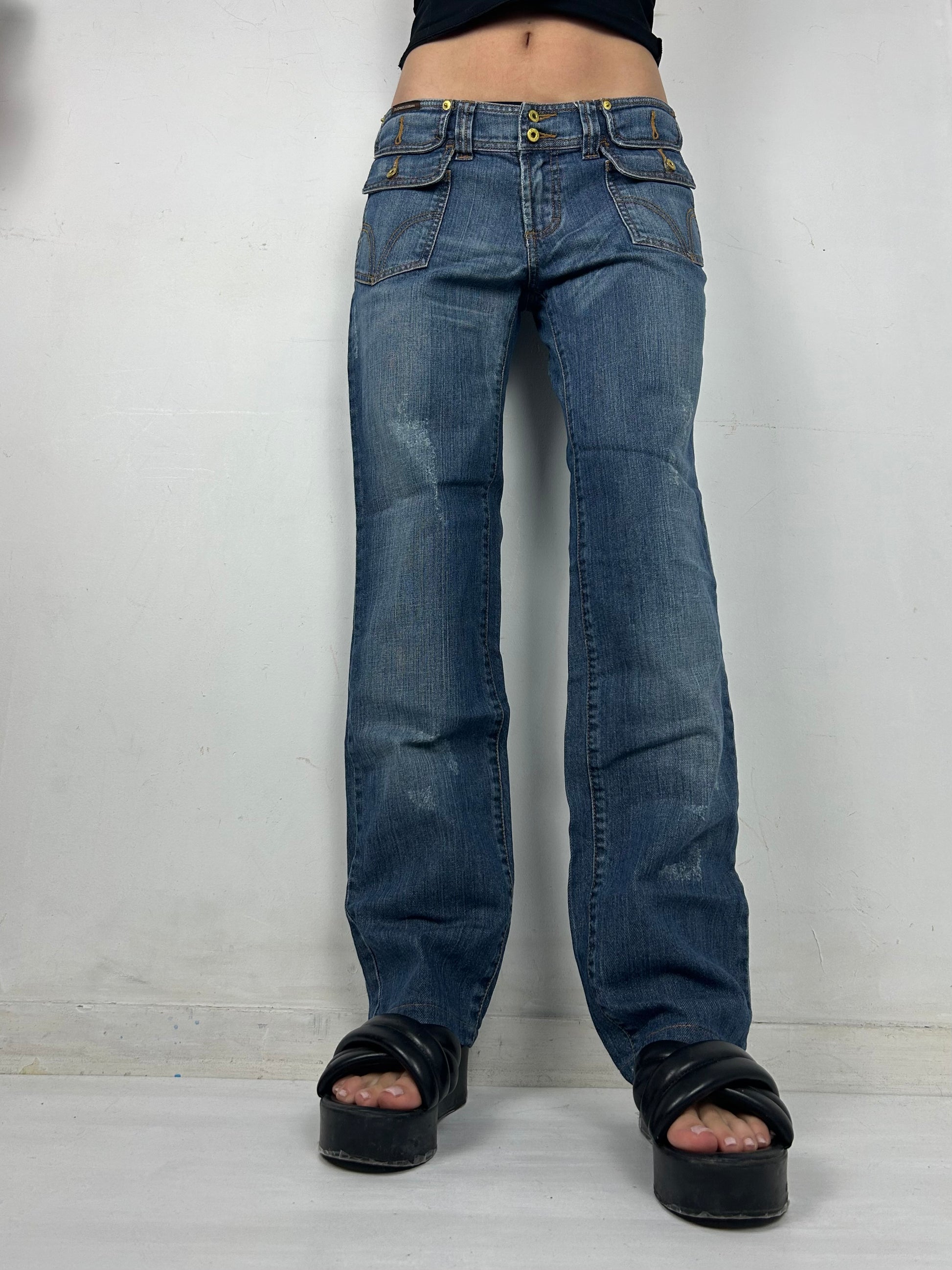 Blue denim low rise baggy pants (M)