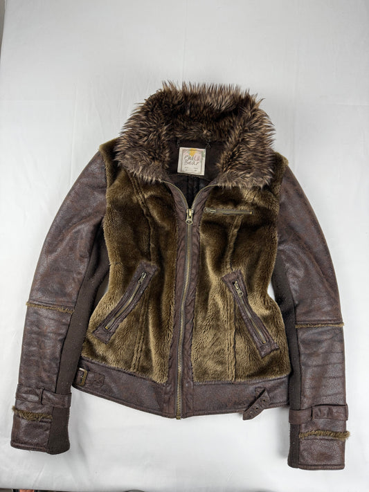 Brown & khaki faux fur suede biker jacket (M)