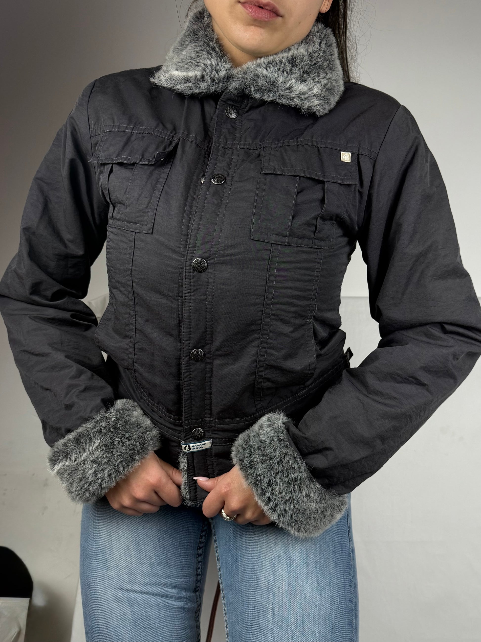 Black faux fur neck zip up tight fit biker jacket (S)