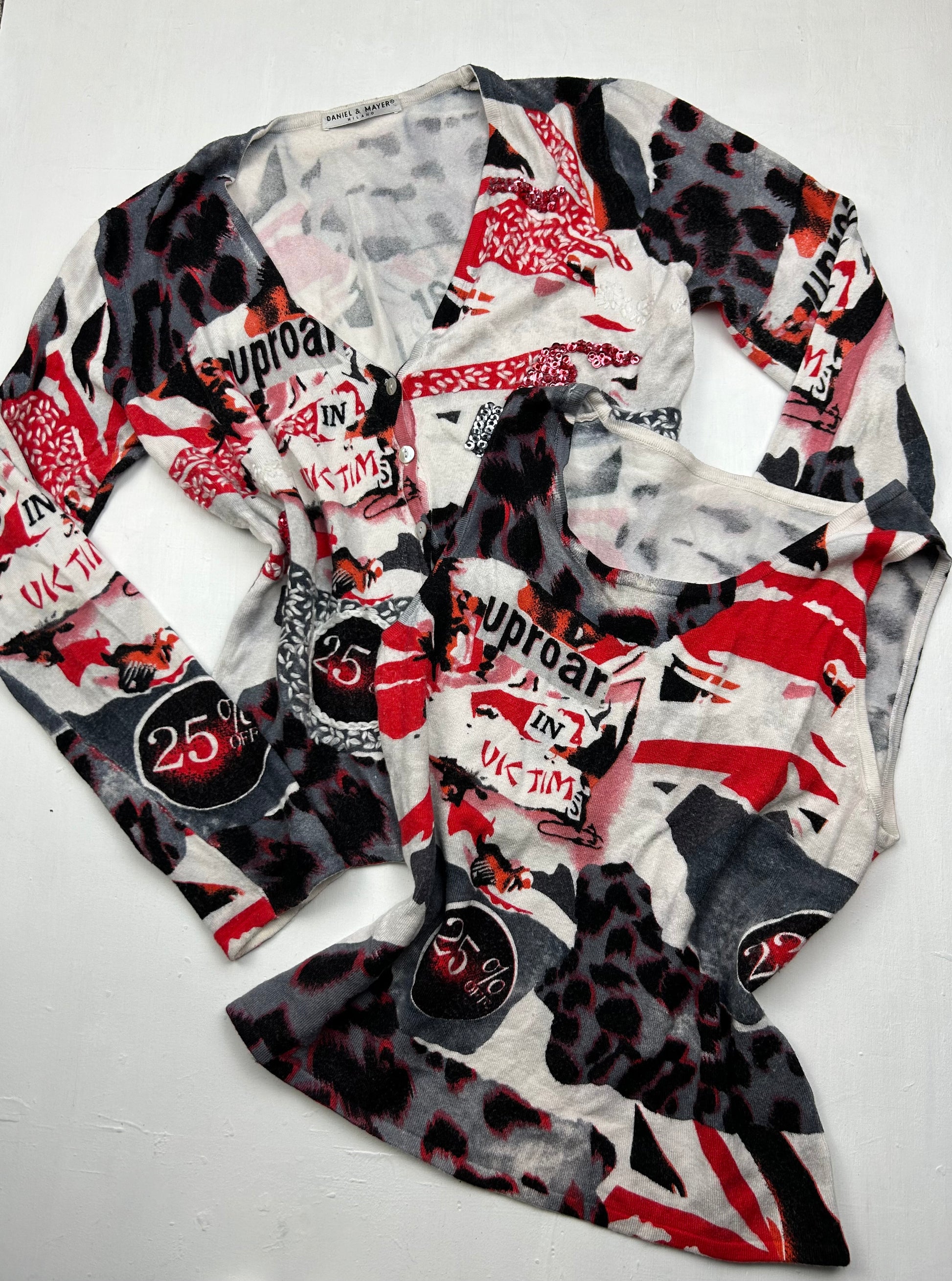Multicolor graphic print cardigan + knitted top set (M)