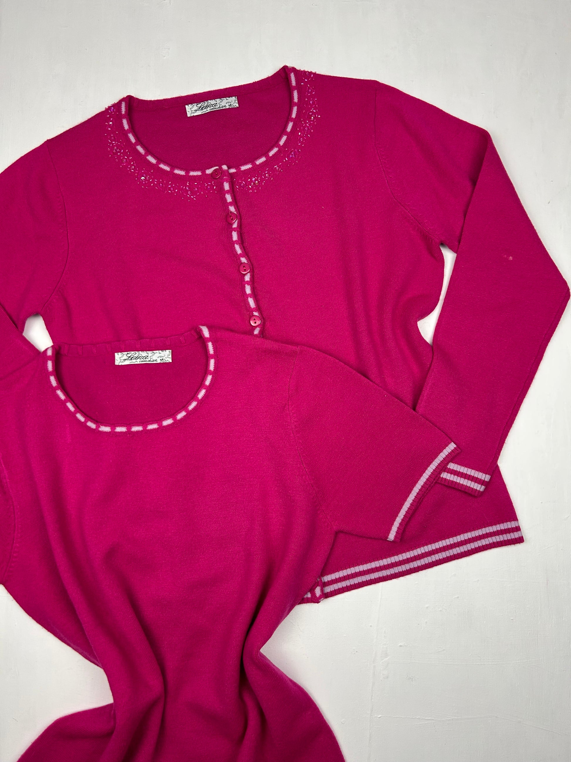 Pink stretchy knitted tee + cardigan set (M/L)