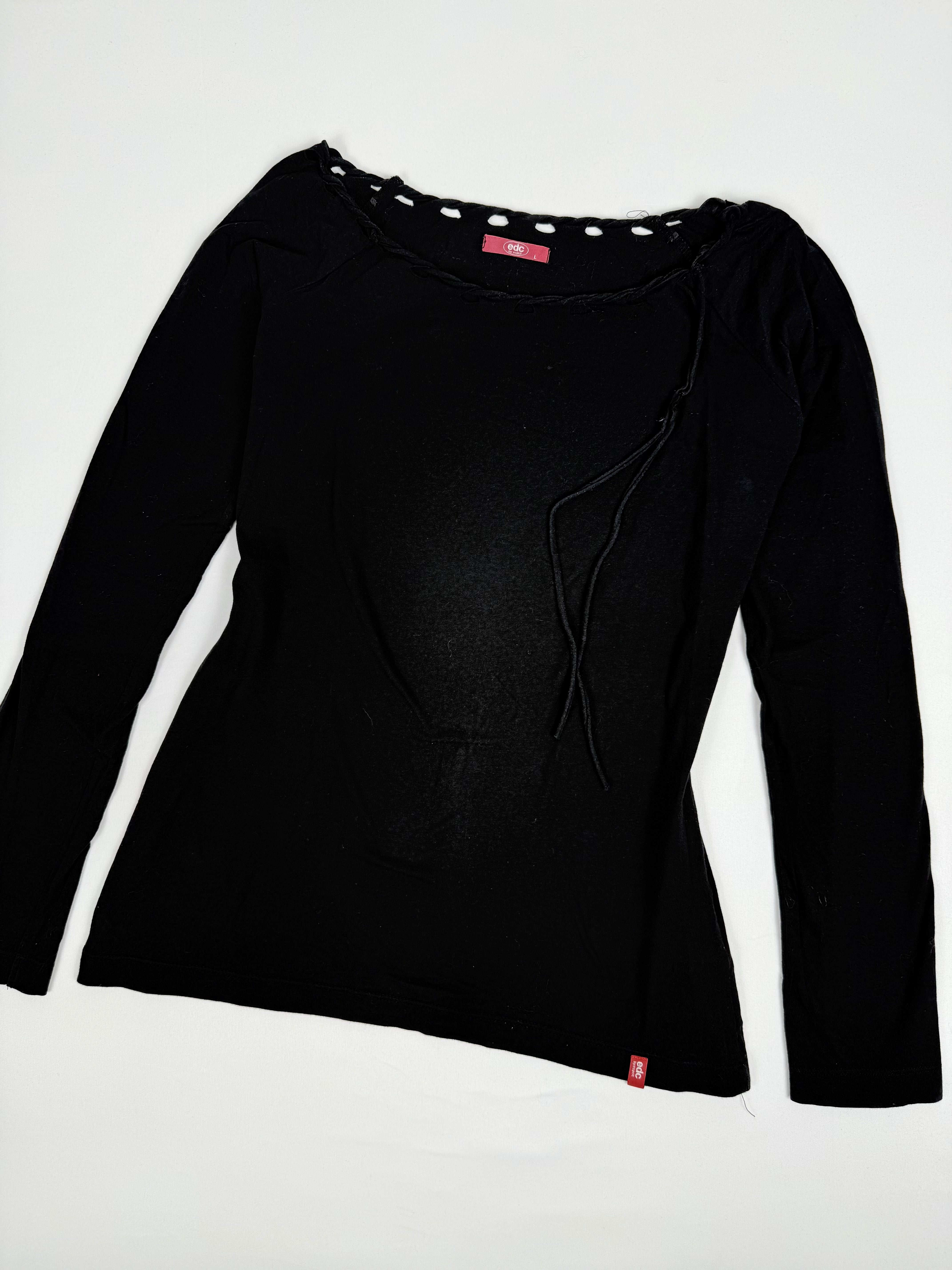 Black 100% cotton lace up neck top (L)