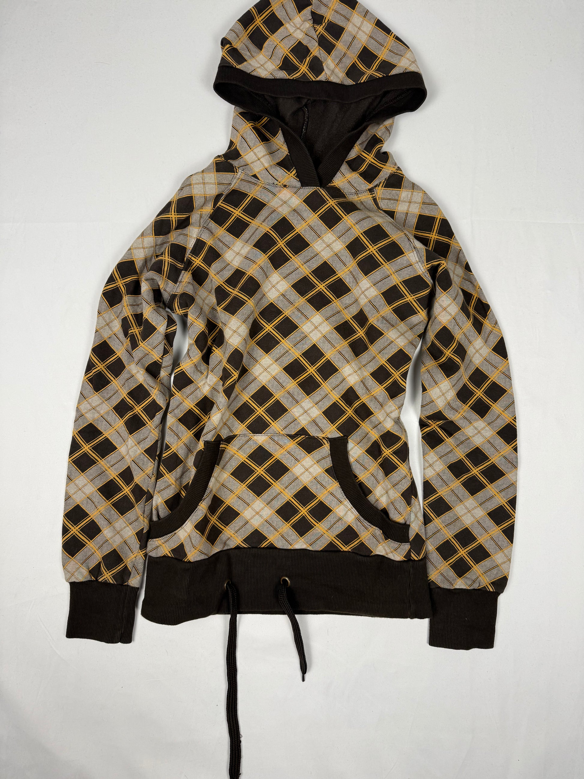 Brown check print cotton hoodie (S)