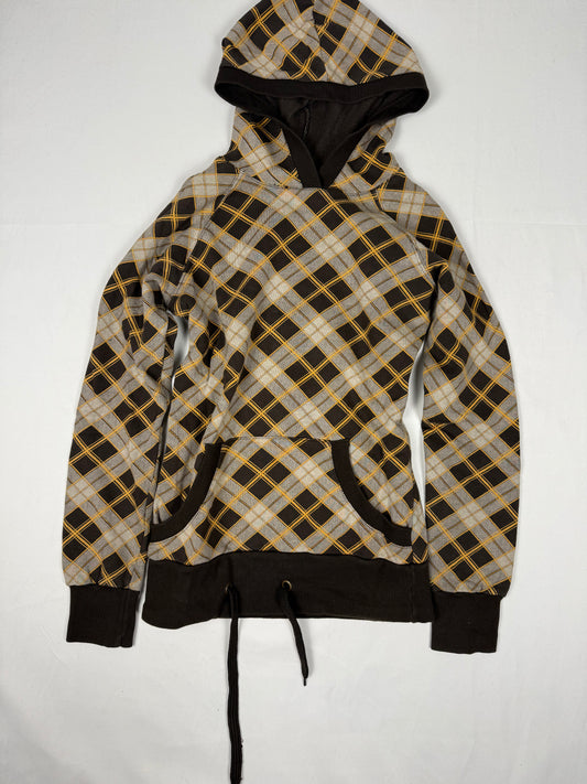 Brown check print cotton hoodie (S)