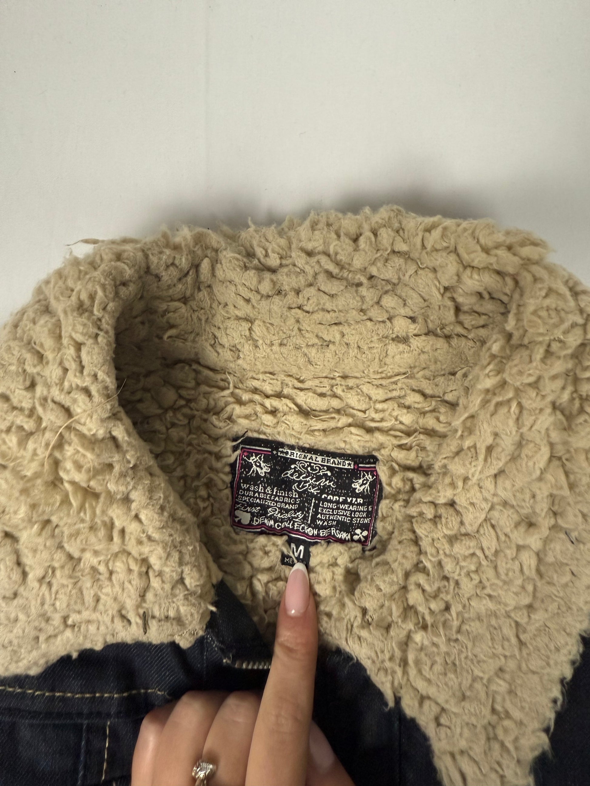 Navy denim & faux fur zip up biker jacket (S/M)