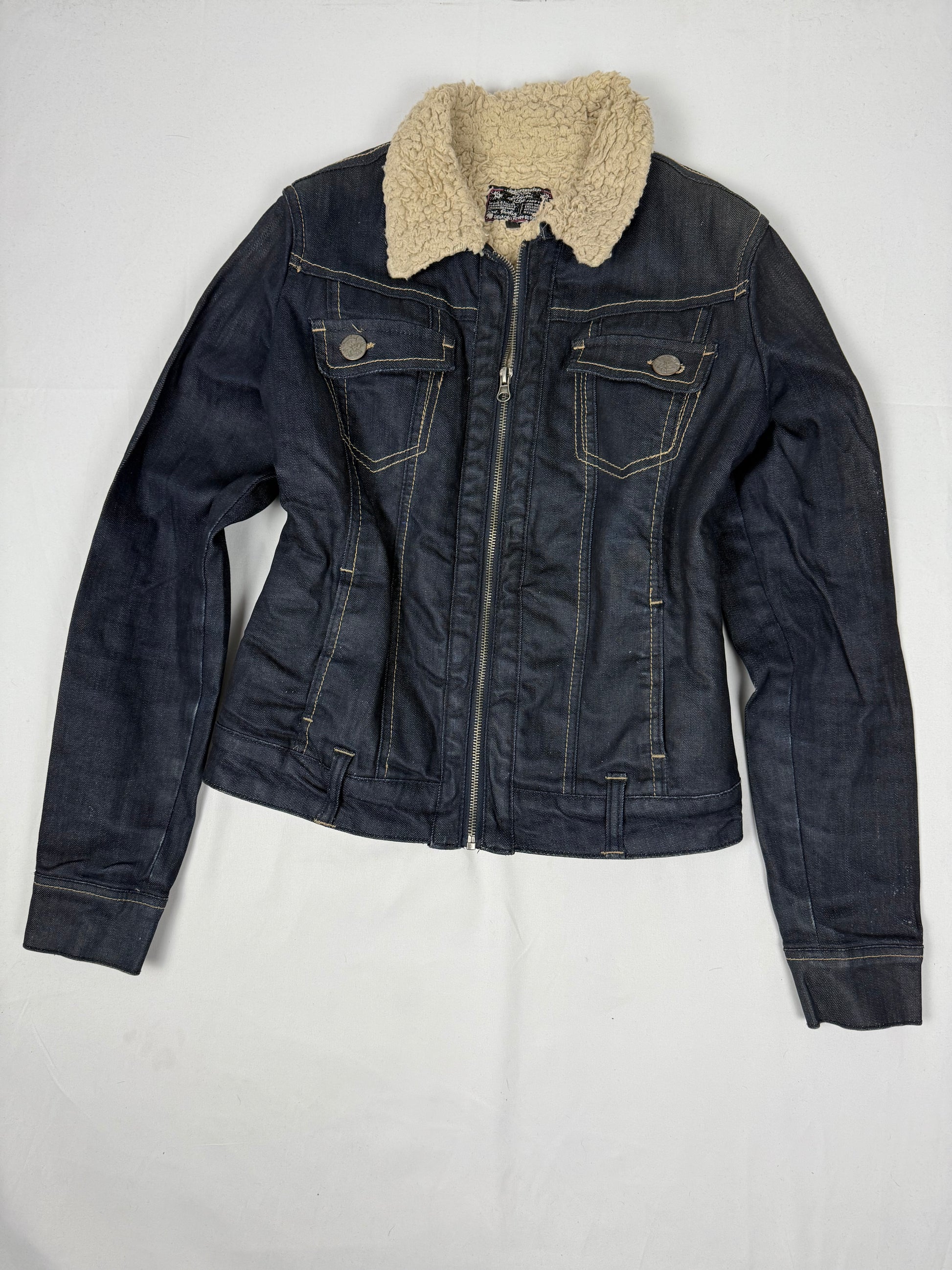 Navy denim & faux fur zip up biker jacket (S/M)