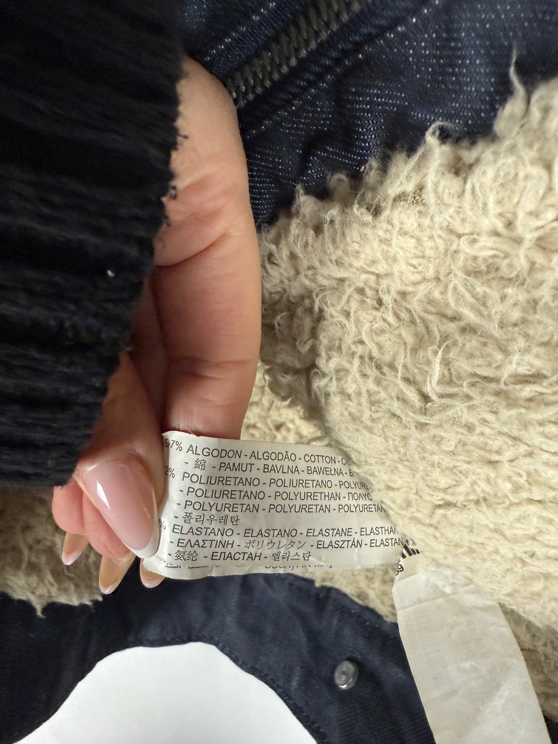 Navy denim & faux fur zip up biker jacket (S/M)