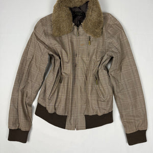 Beige check print faux fur neck biker jacket (L)