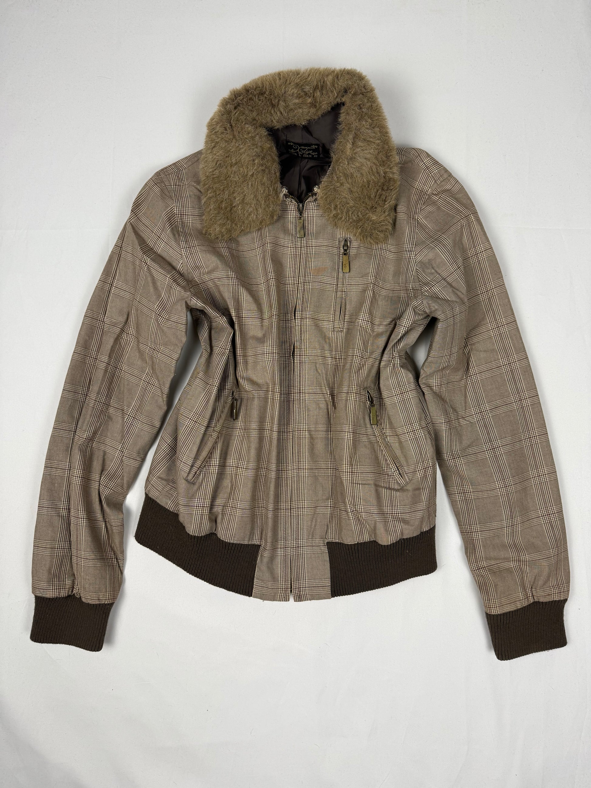 Beige check print faux fur neck biker jacket (L)