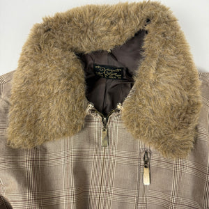 Beige check print faux fur neck biker jacket (L)