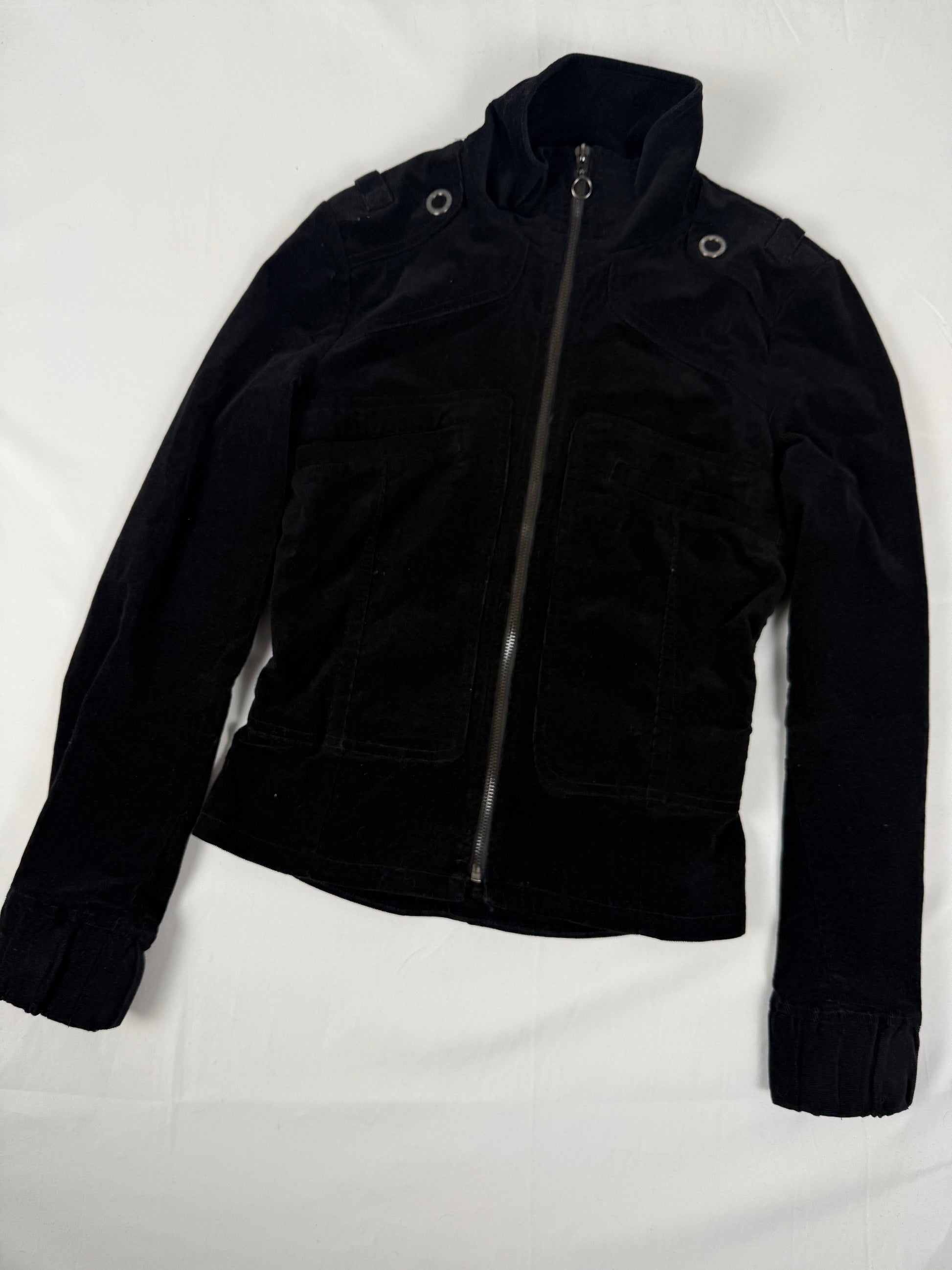 Black zip up velvet ribbed tight fit biker jacket (S)