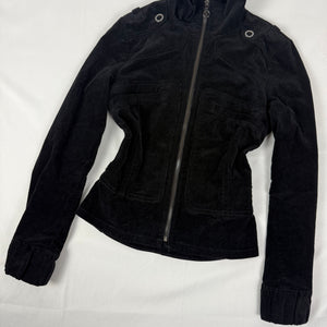 Black zip up velvet ribbed tight fit biker jacket (S)