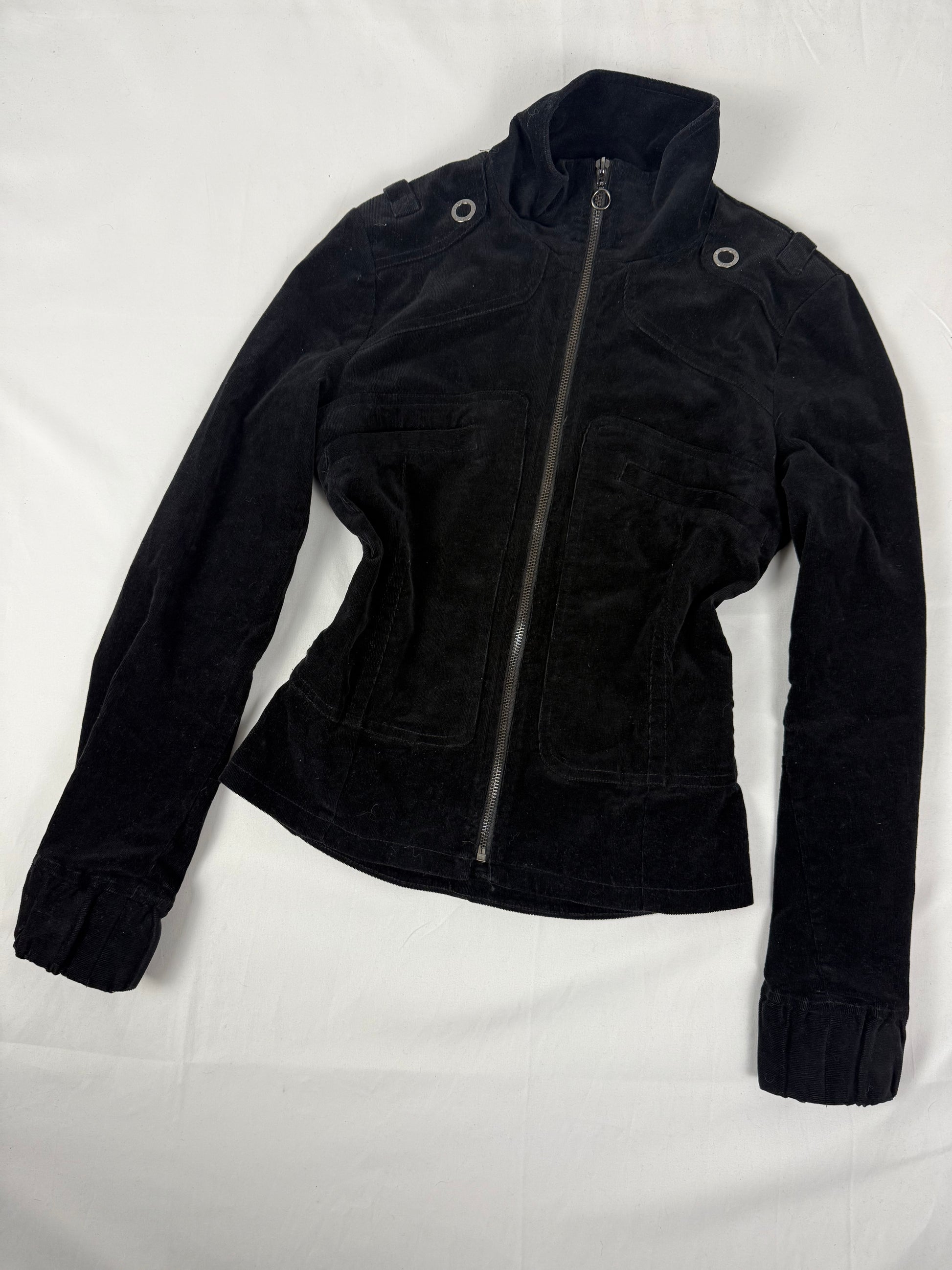 Black zip up velvet ribbed tight fit biker jacket (S)