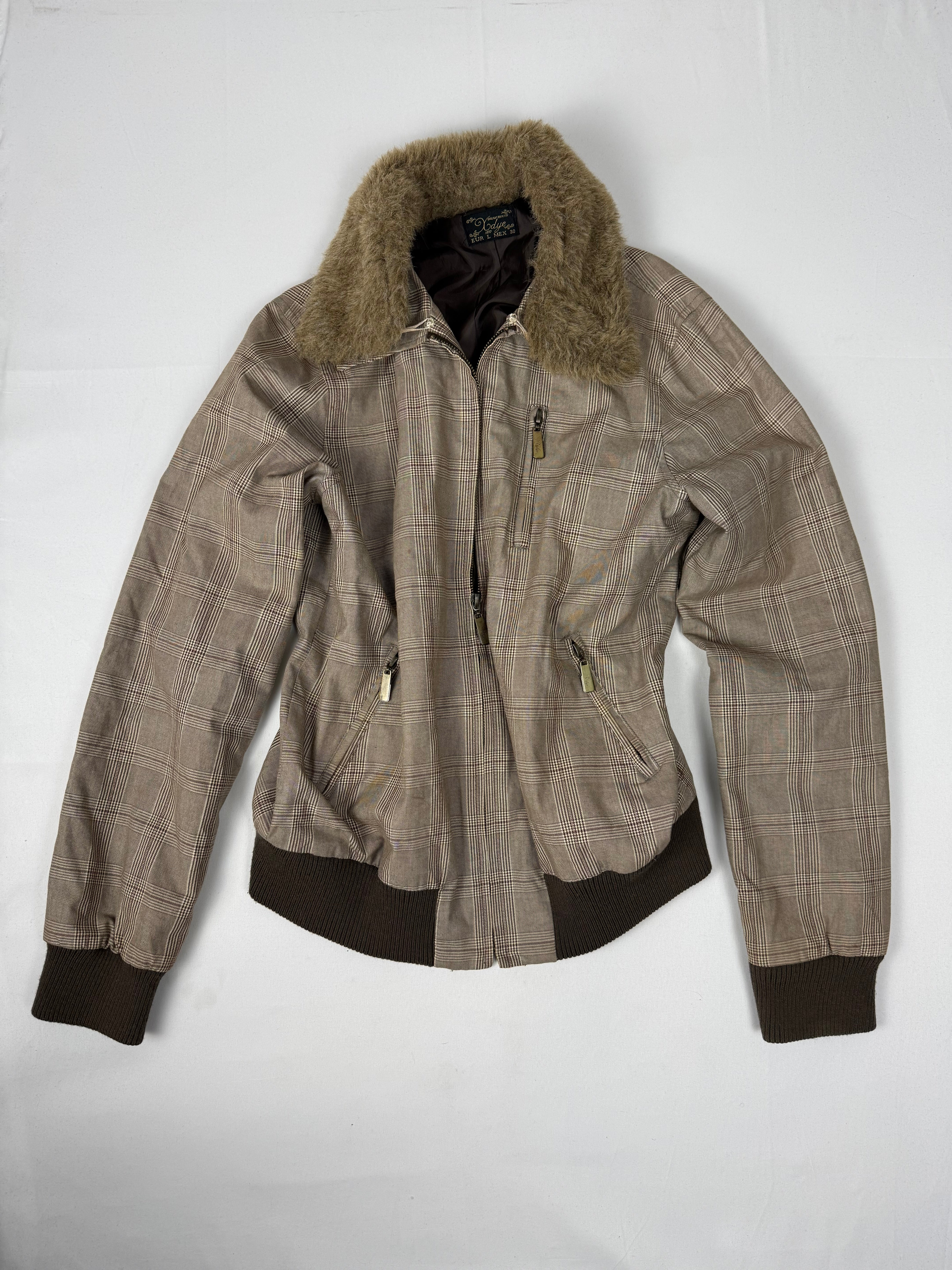 Beige check print cotton biker jacket (L)