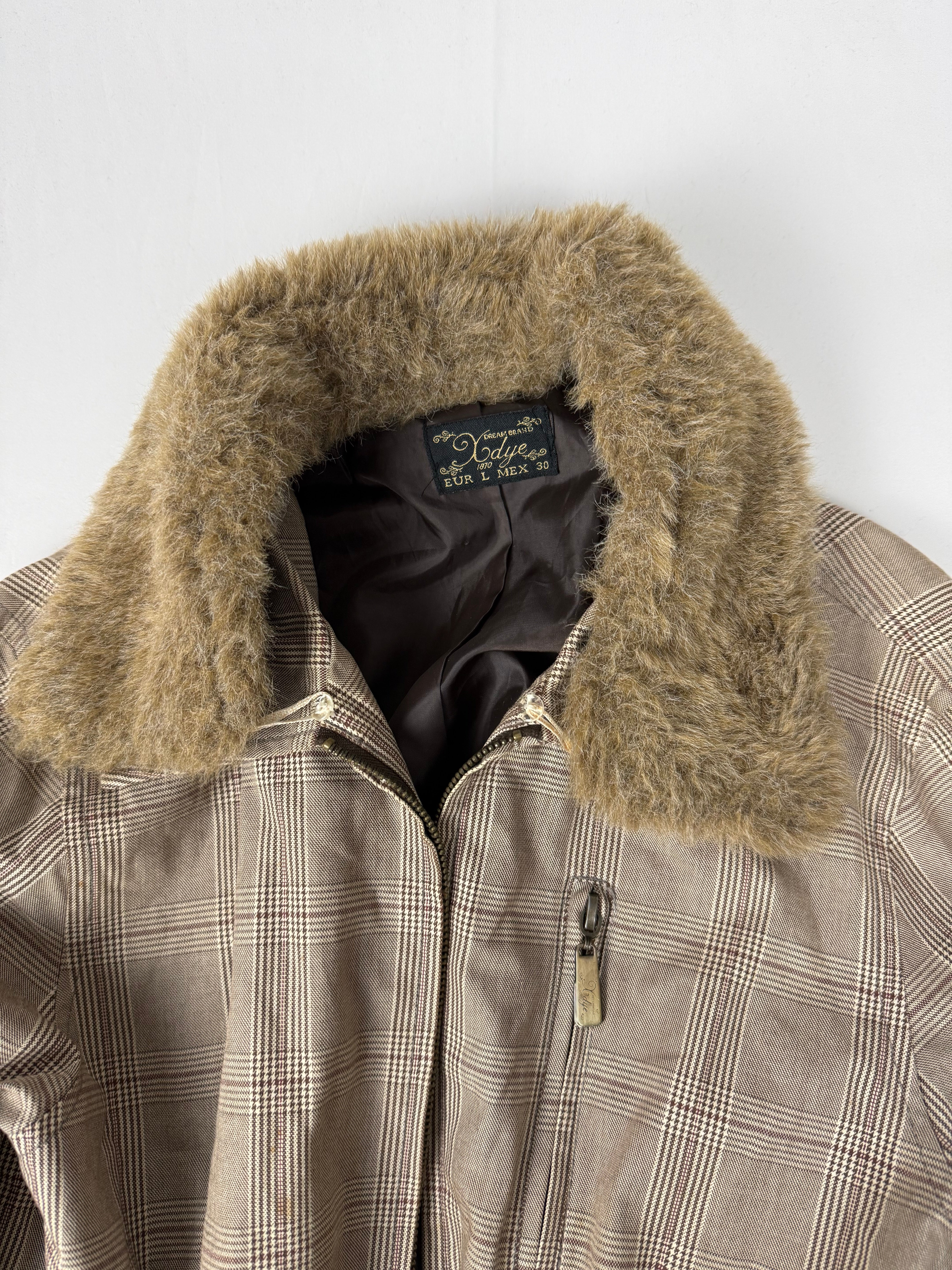 Beige check print cotton biker jacket (L)