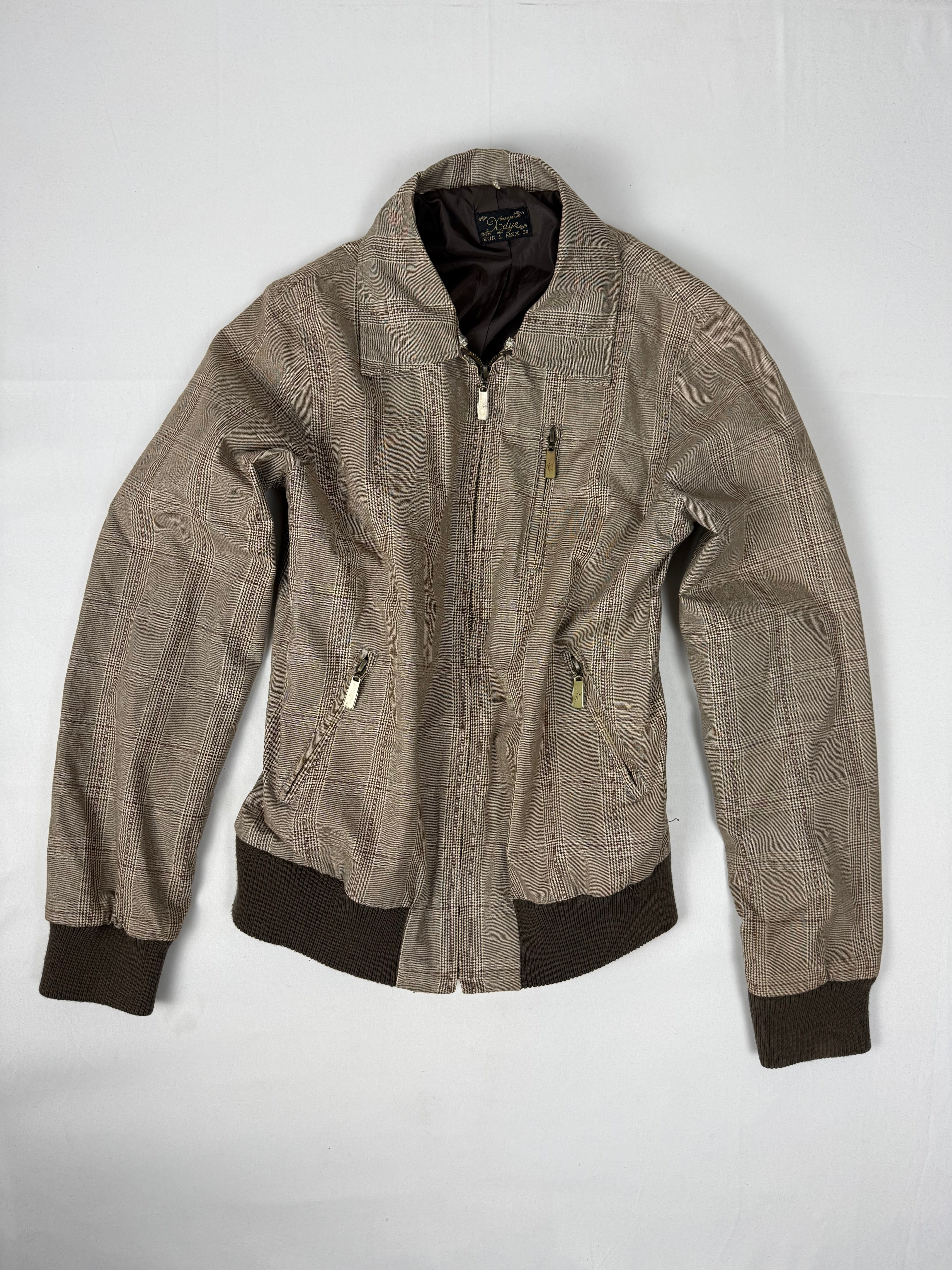 Beige check print cotton biker jacket (L)