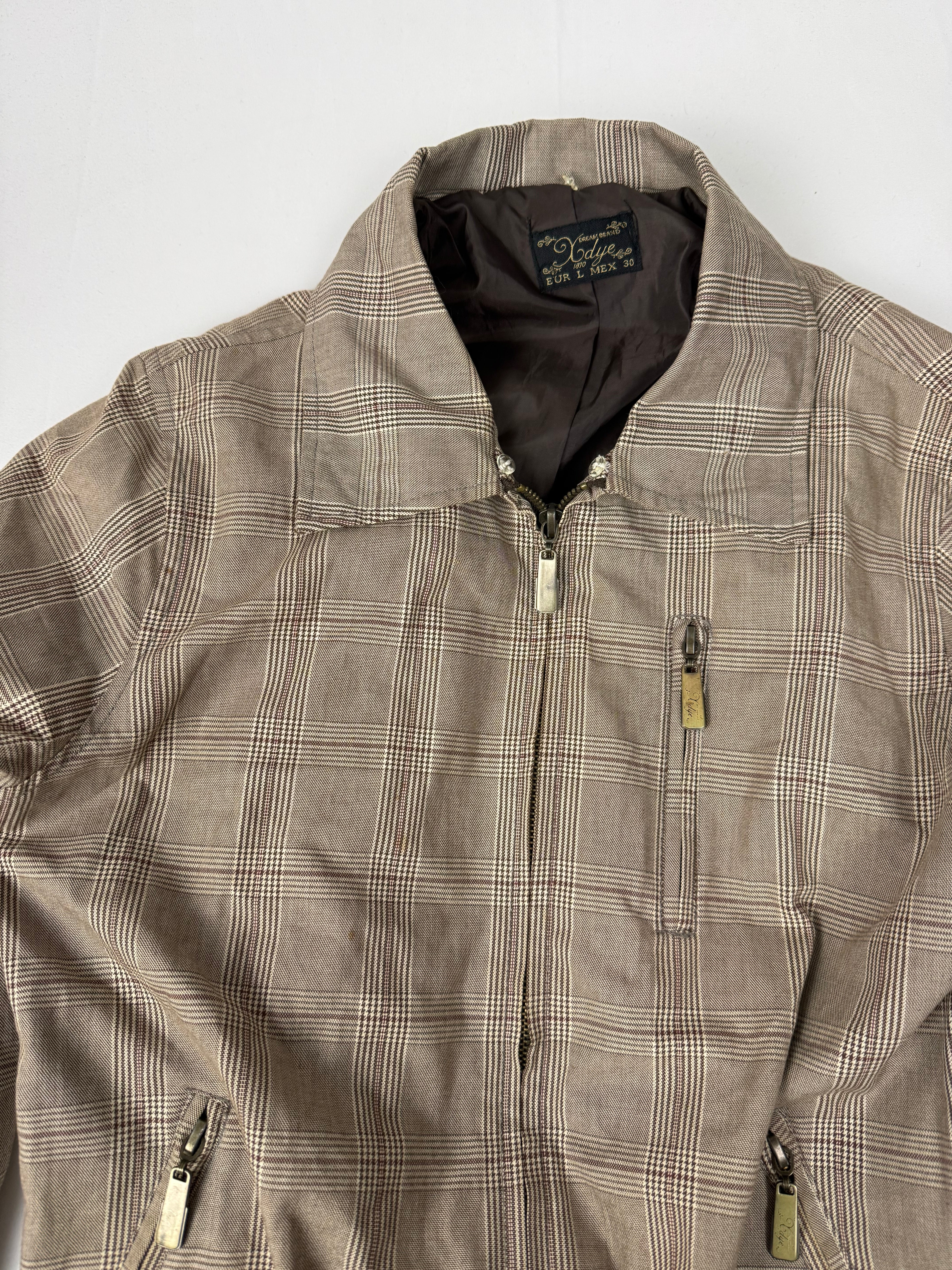 Beige check print cotton biker jacket (L)