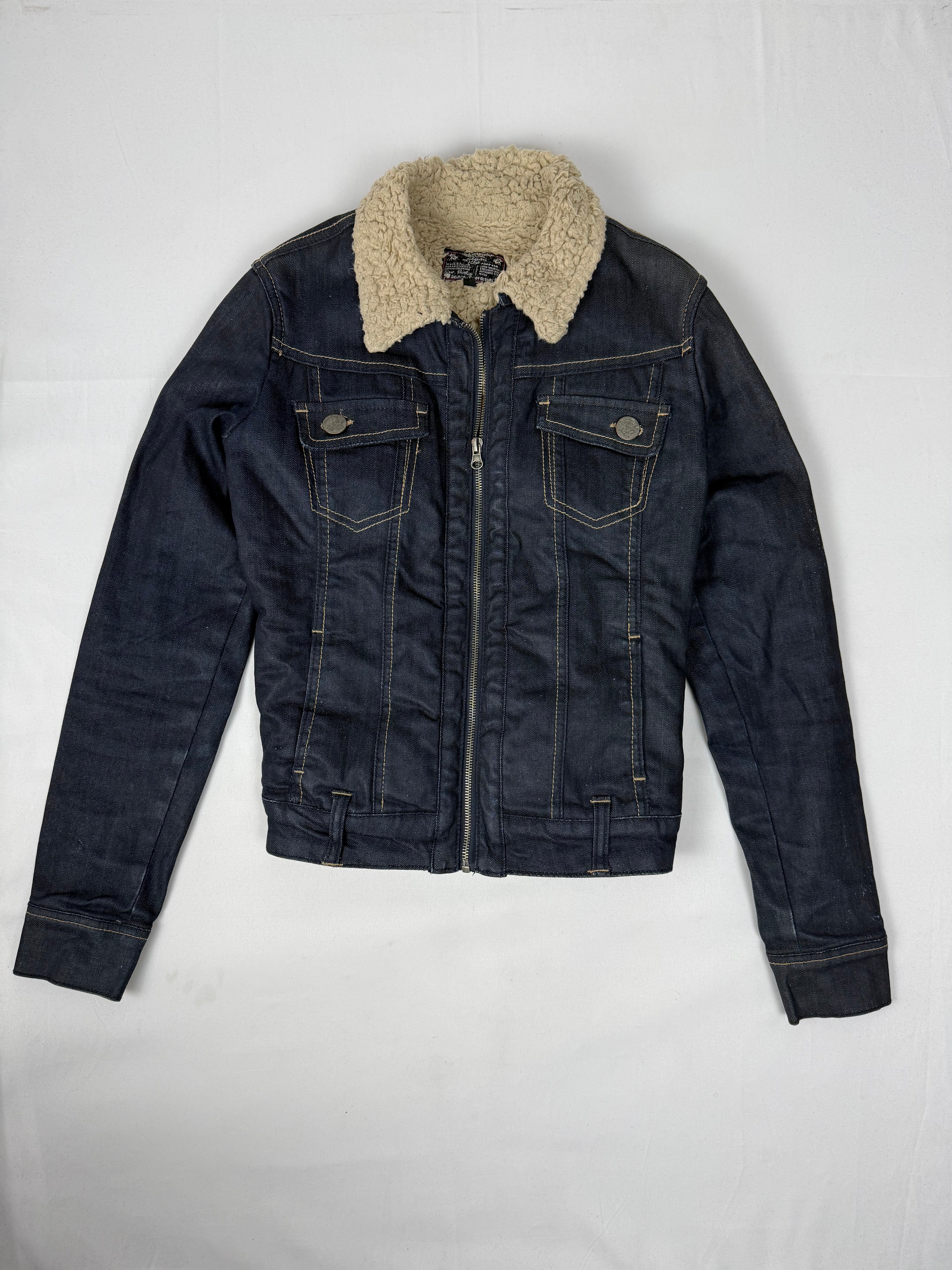Navy denim & faux fur zip up biker jacket (S/M)