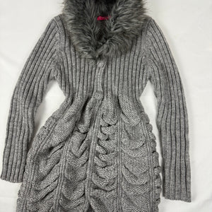 Grey faux fur neck ruched wool cardigan  jumper (XS/S)