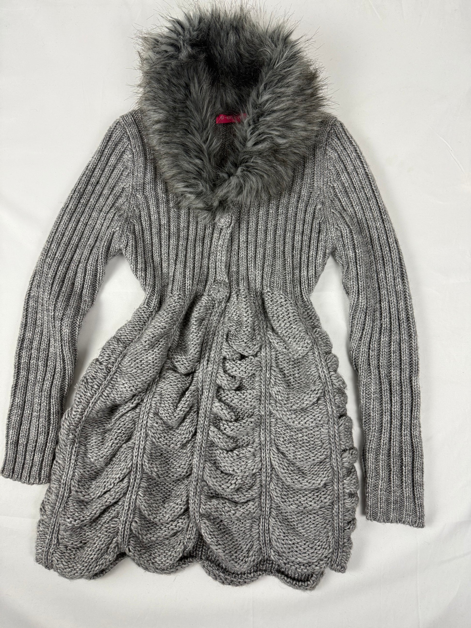 Grey faux fur neck ruched wool cardigan  jumper (XS/S)