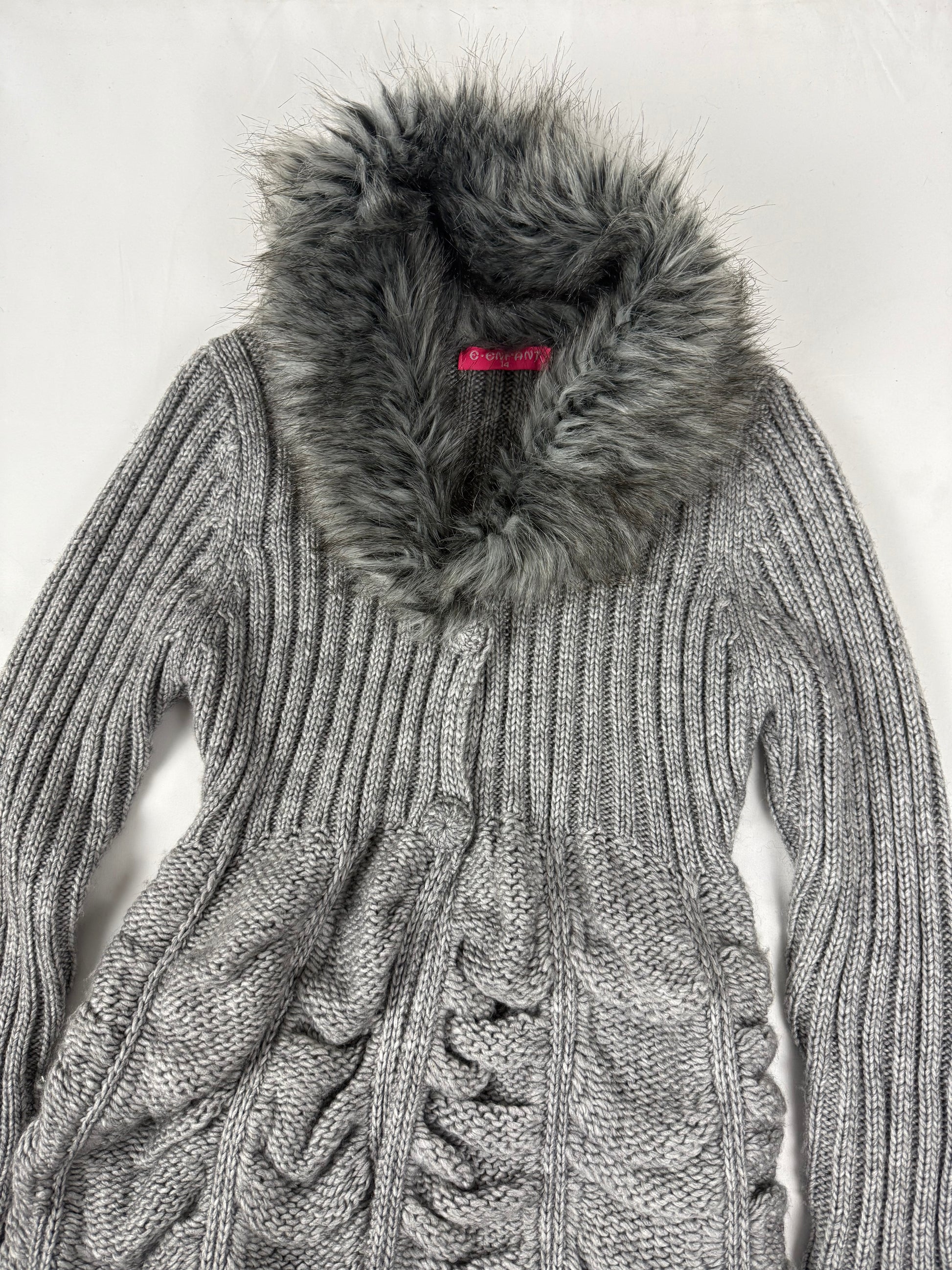 Grey faux fur neck ruched wool cardigan  jumper (XS/S)