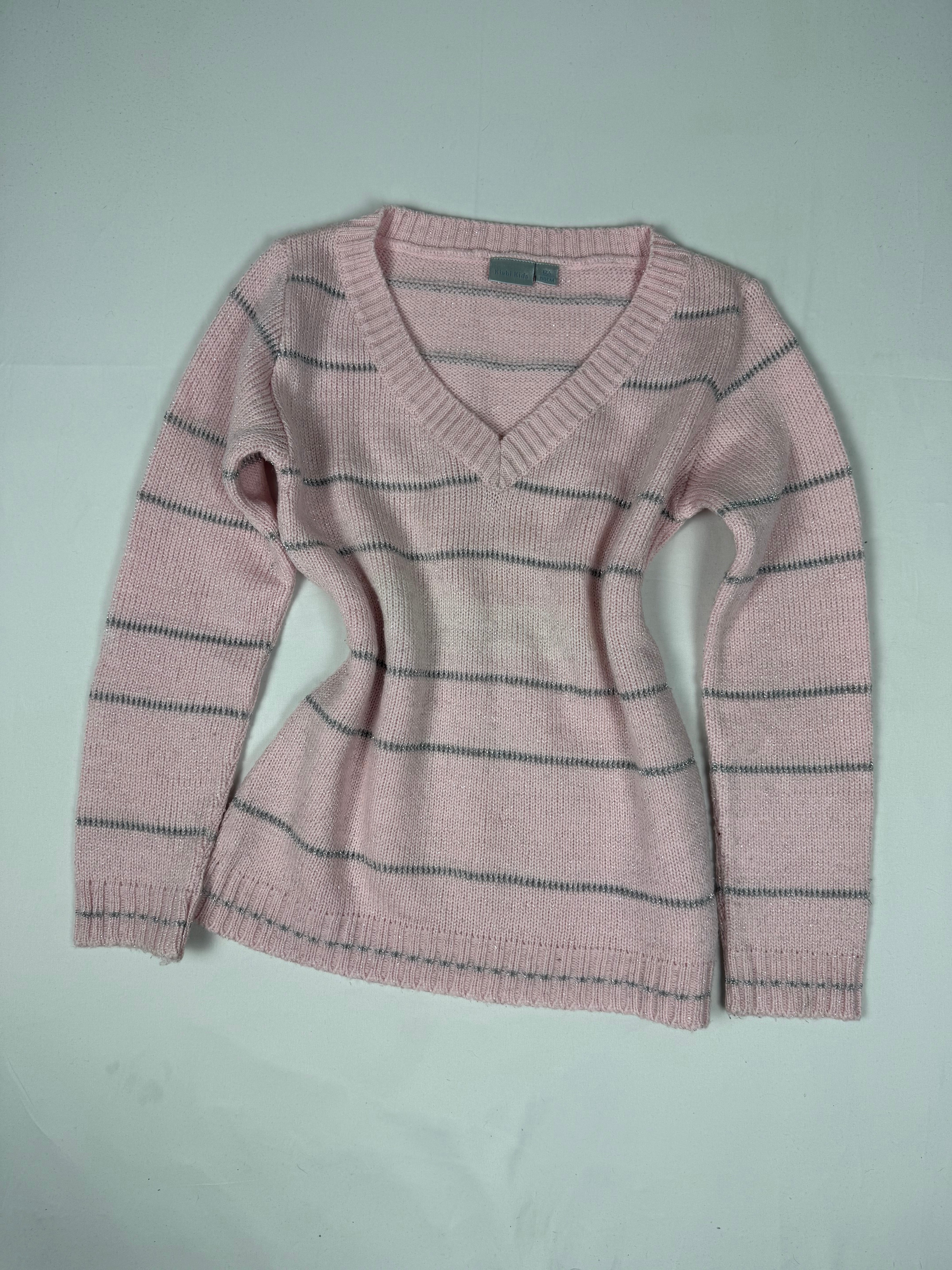 Baby pink striped V neck wool jumper (XS)