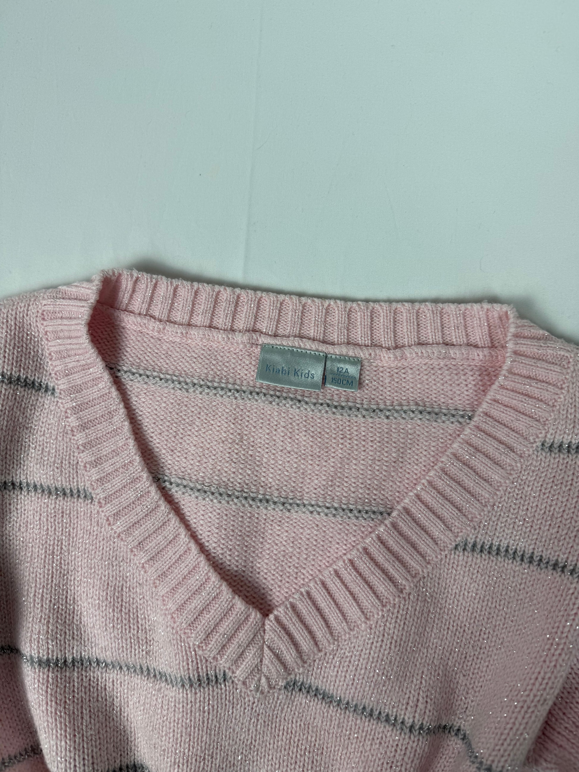 Baby pink striped V neck wool jumper (XS)