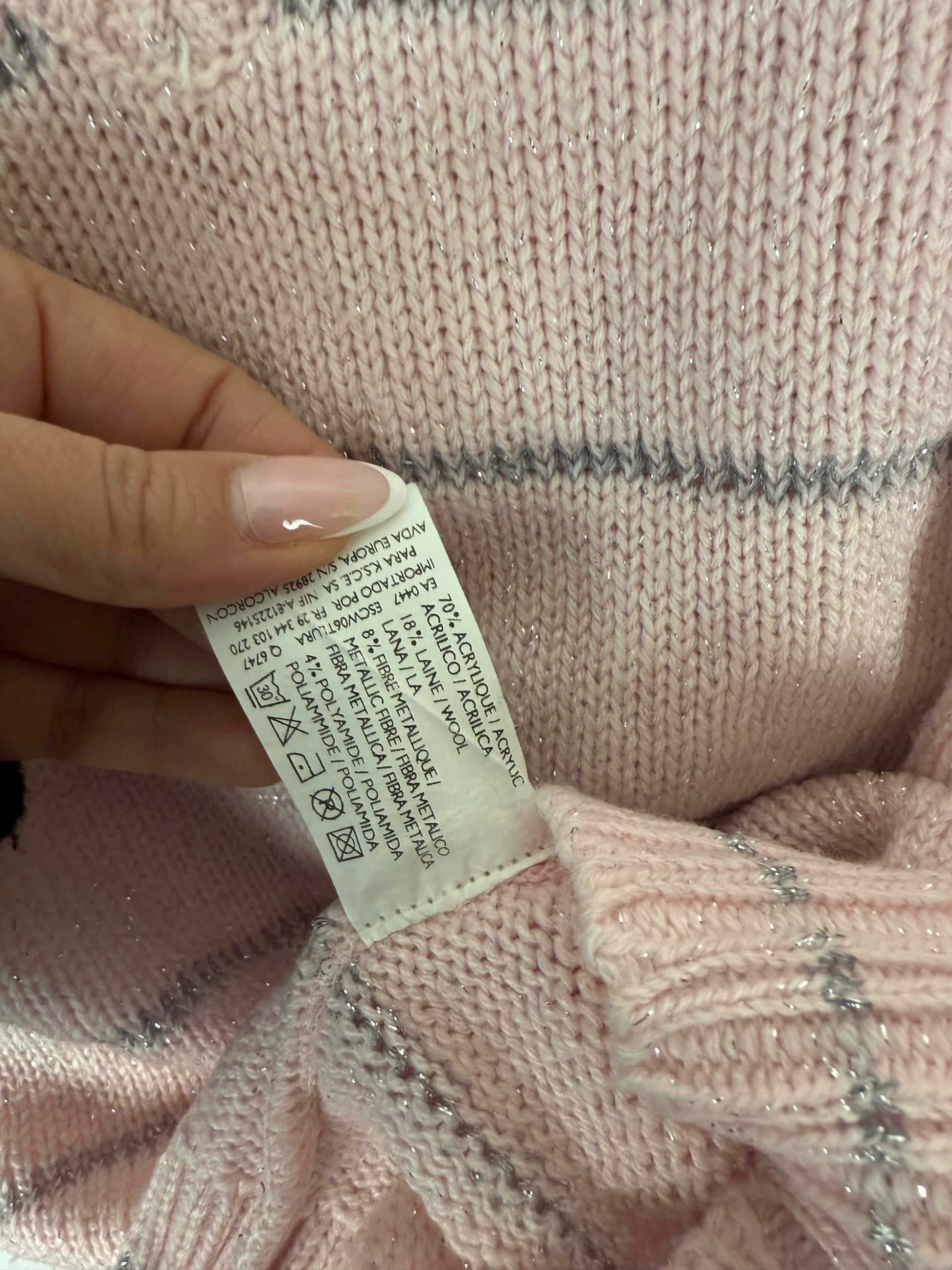 Baby pink striped V neck wool jumper (XS)