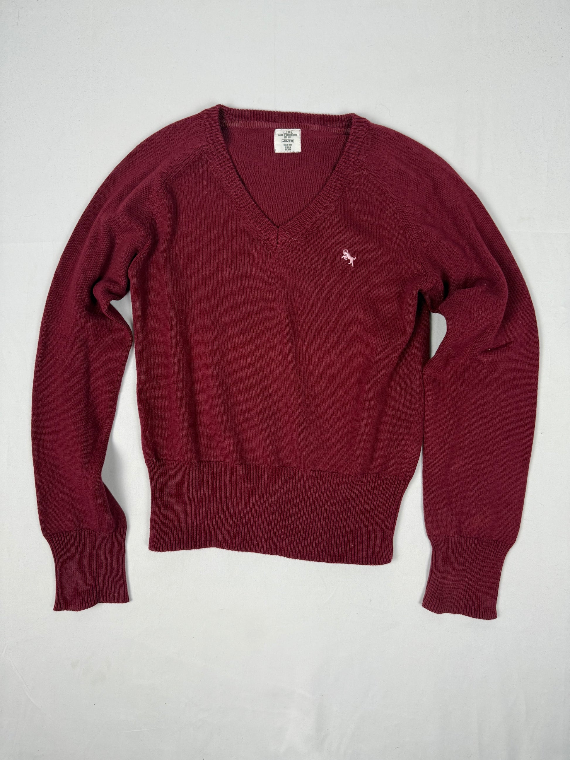 Burgundy V neck 100% cotton jumper (S)