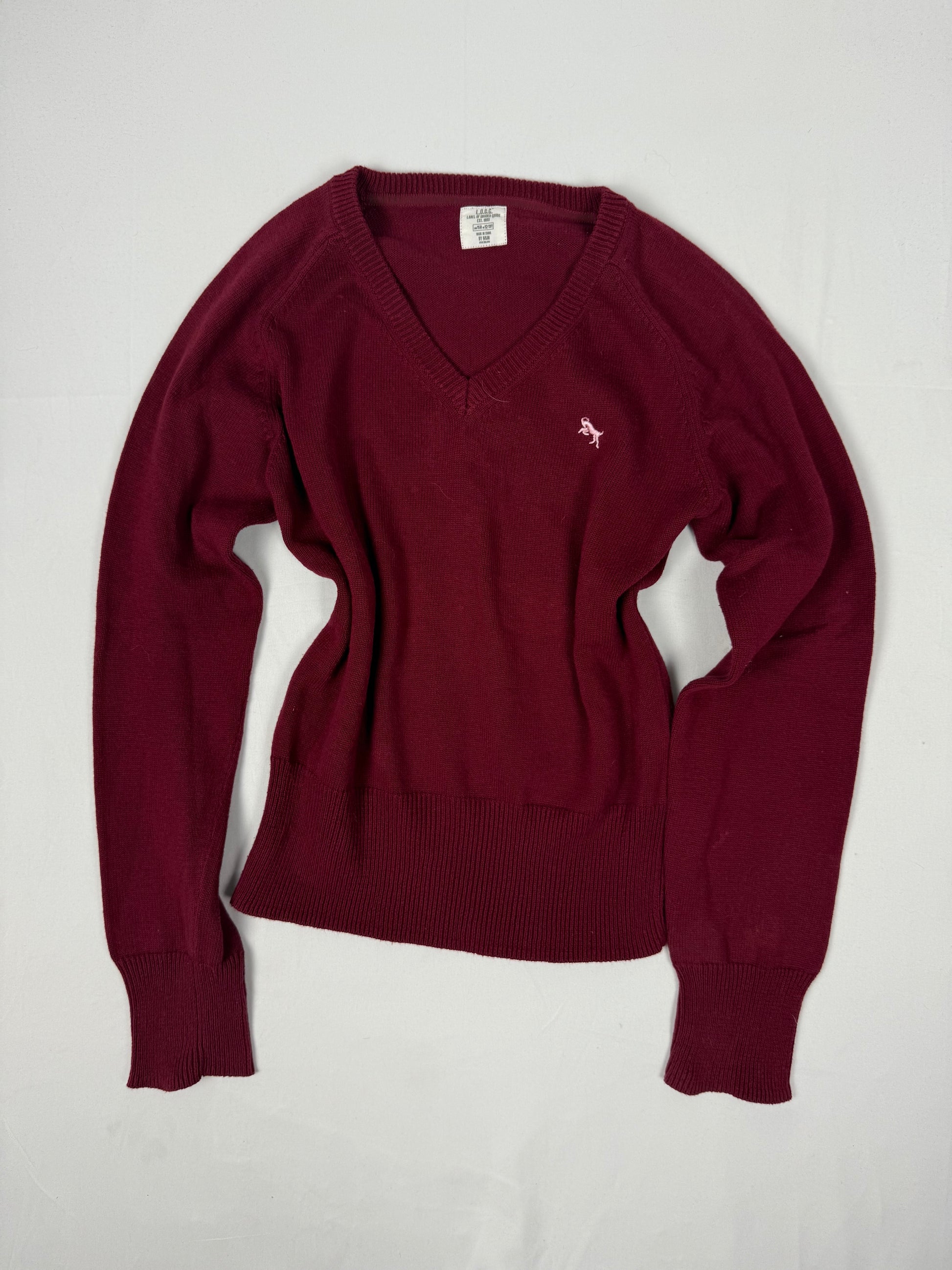 Burgundy V neck 100% cotton jumper (S)