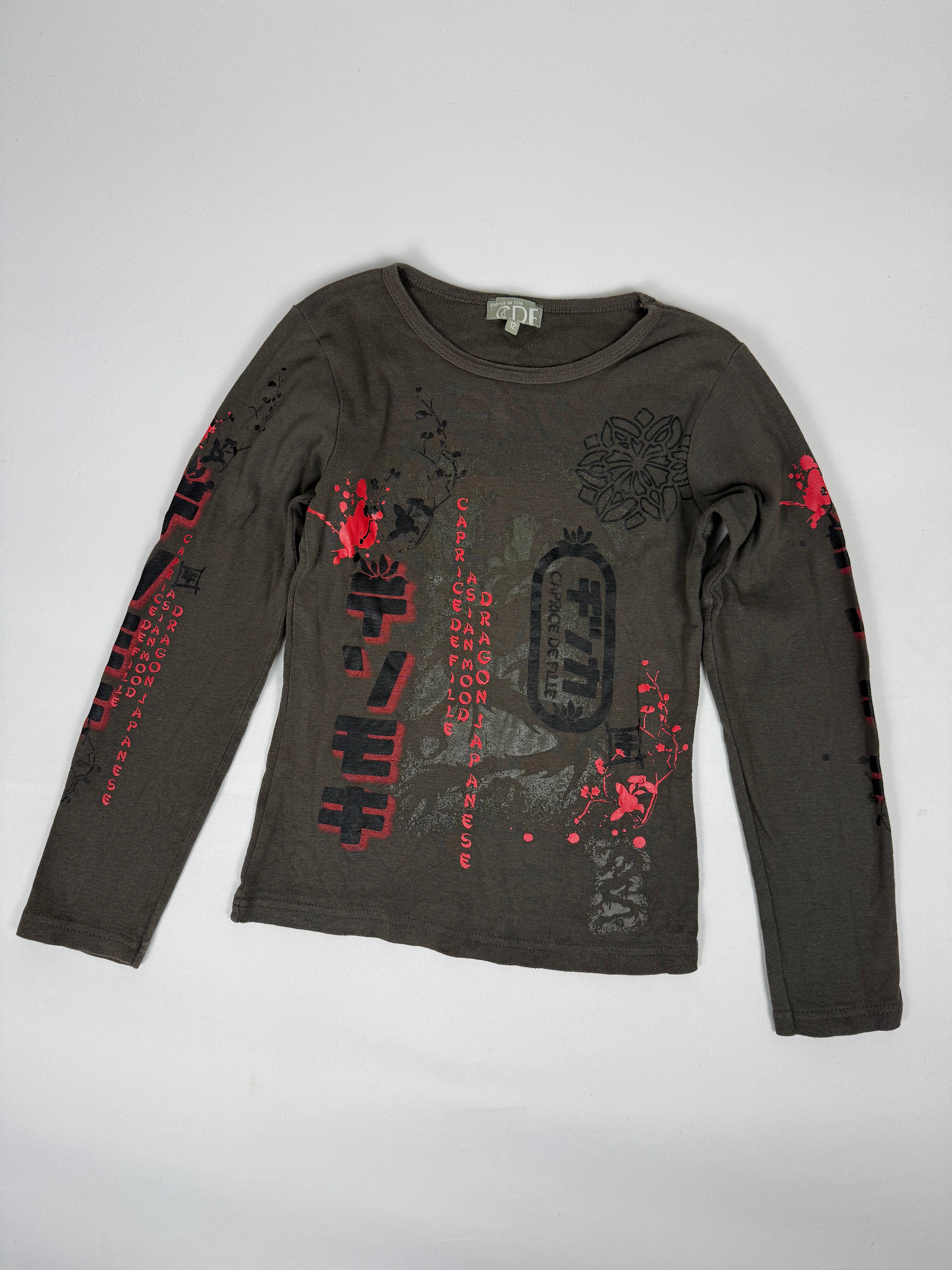 Khaki graphic 100% cotton long sleeves top (XS)