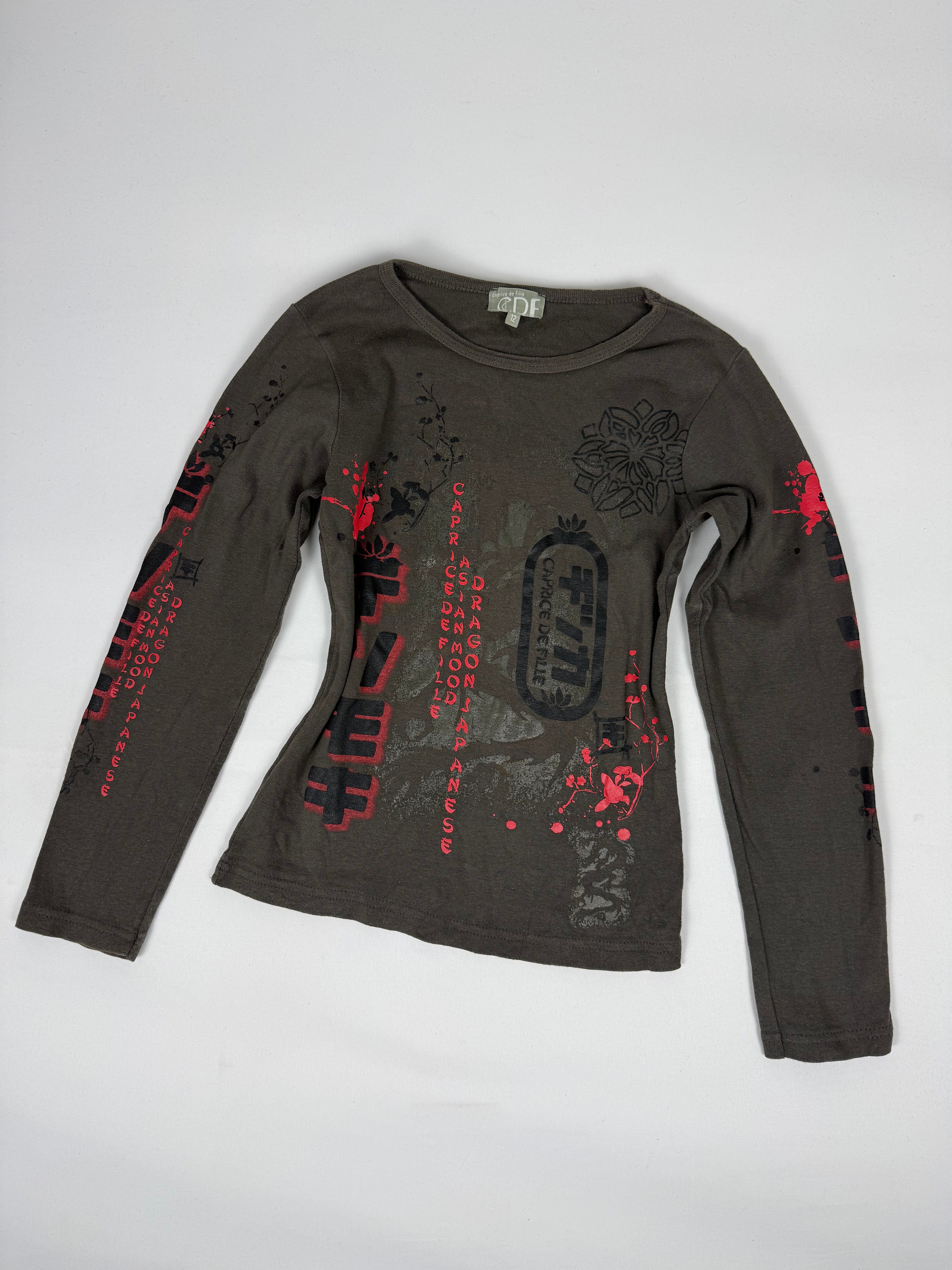 Khaki graphic 100% cotton long sleeves top (XS)