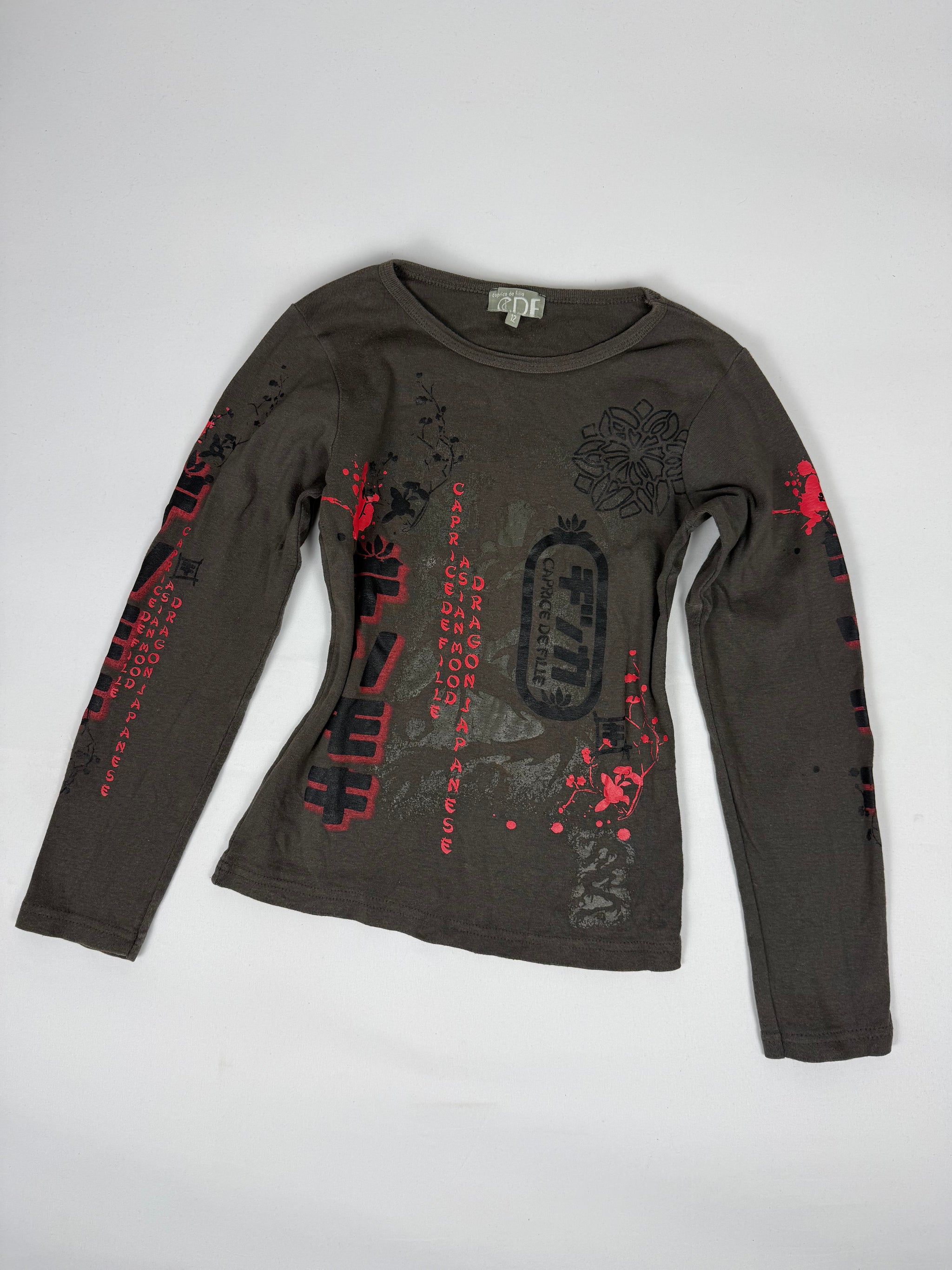 Khaki graphic 100% cotton long sleeves top (XS)