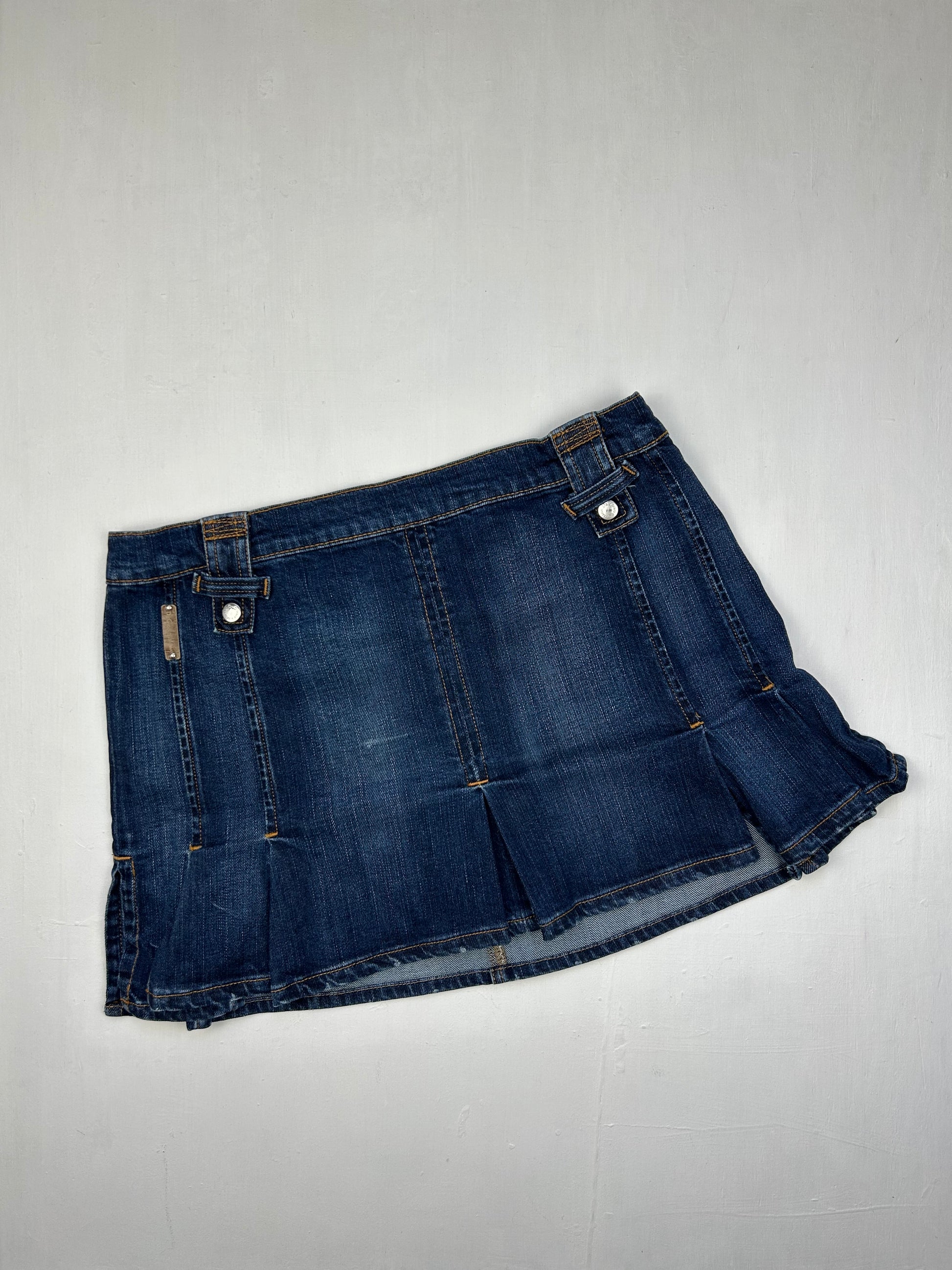 Blue denim logo low rise pleated mini skirt (S)