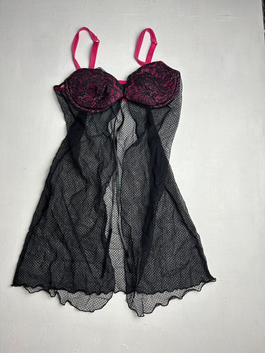 Black & pink mesh lace open front babydoll dress (S)