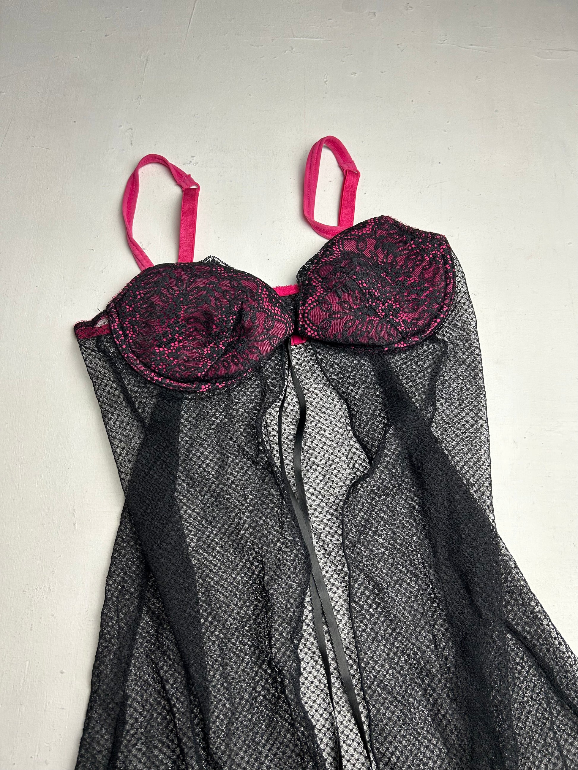 Black & pink mesh lace open front babydoll dress (S)