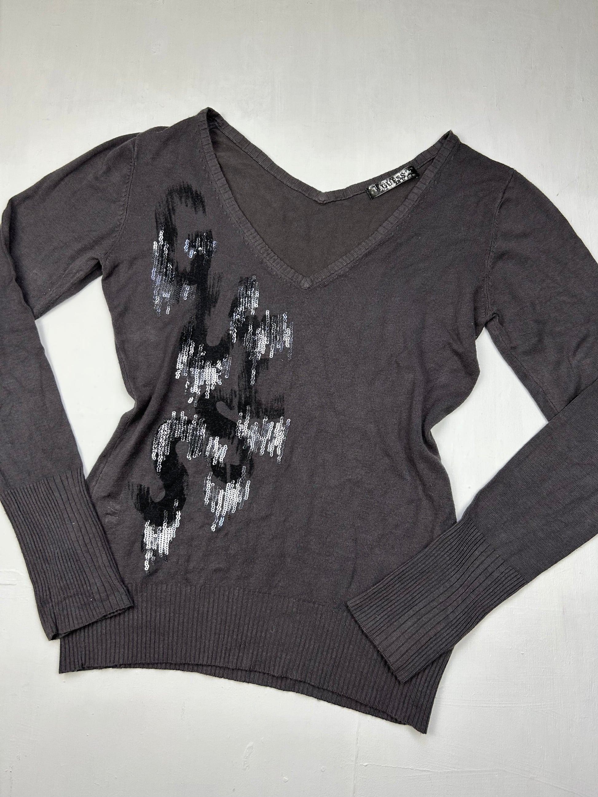 Grey V neck sequins logo cotton jumper (S/M)