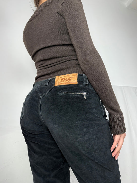 Black velvet ribbed low rise straight legs pants (M/L)