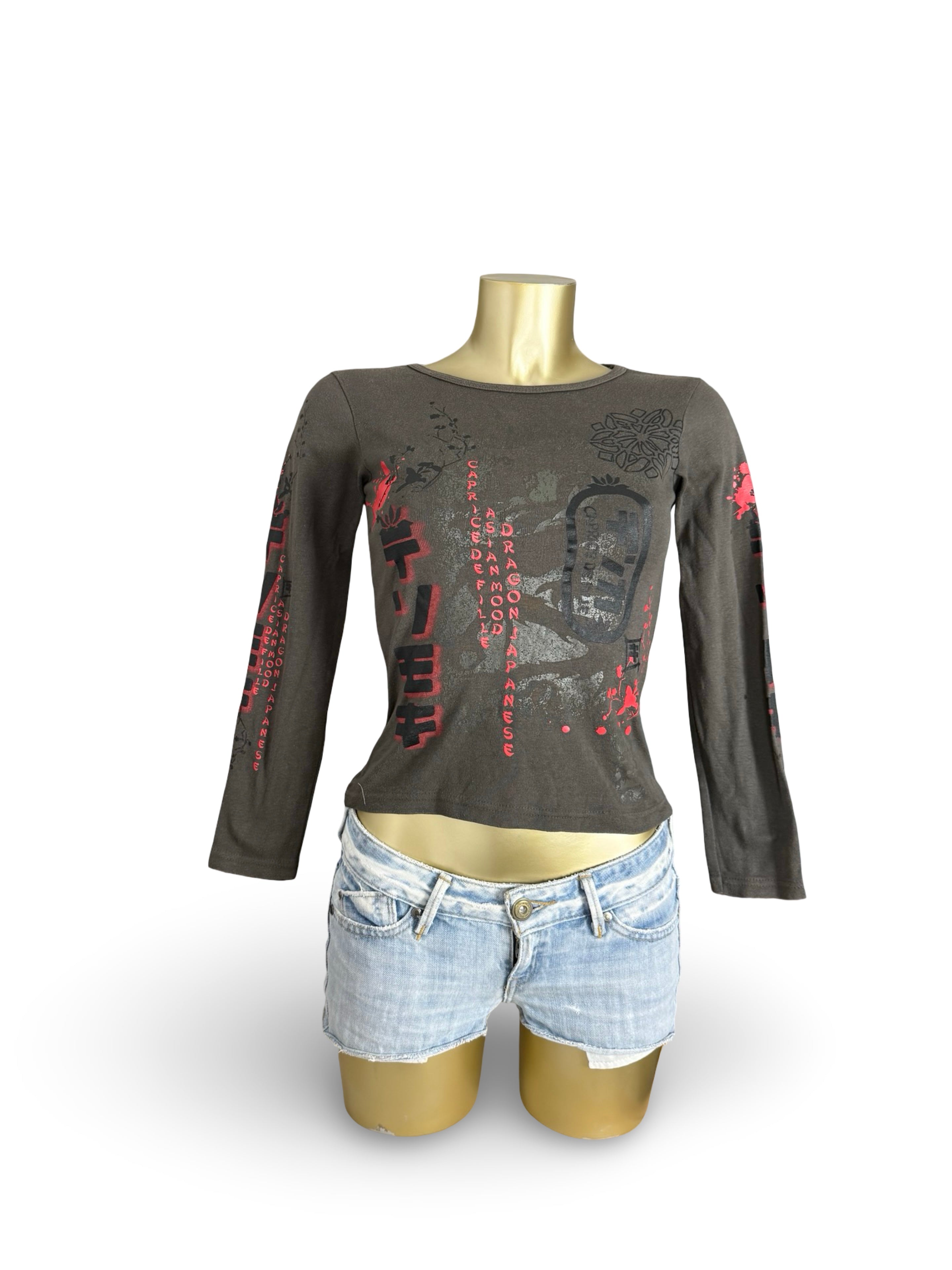 Khaki graphic 100% cotton long sleeves top (XS)