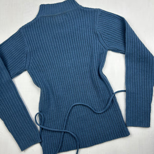 Blue ribbed tie up belt high neck  jumper (S)